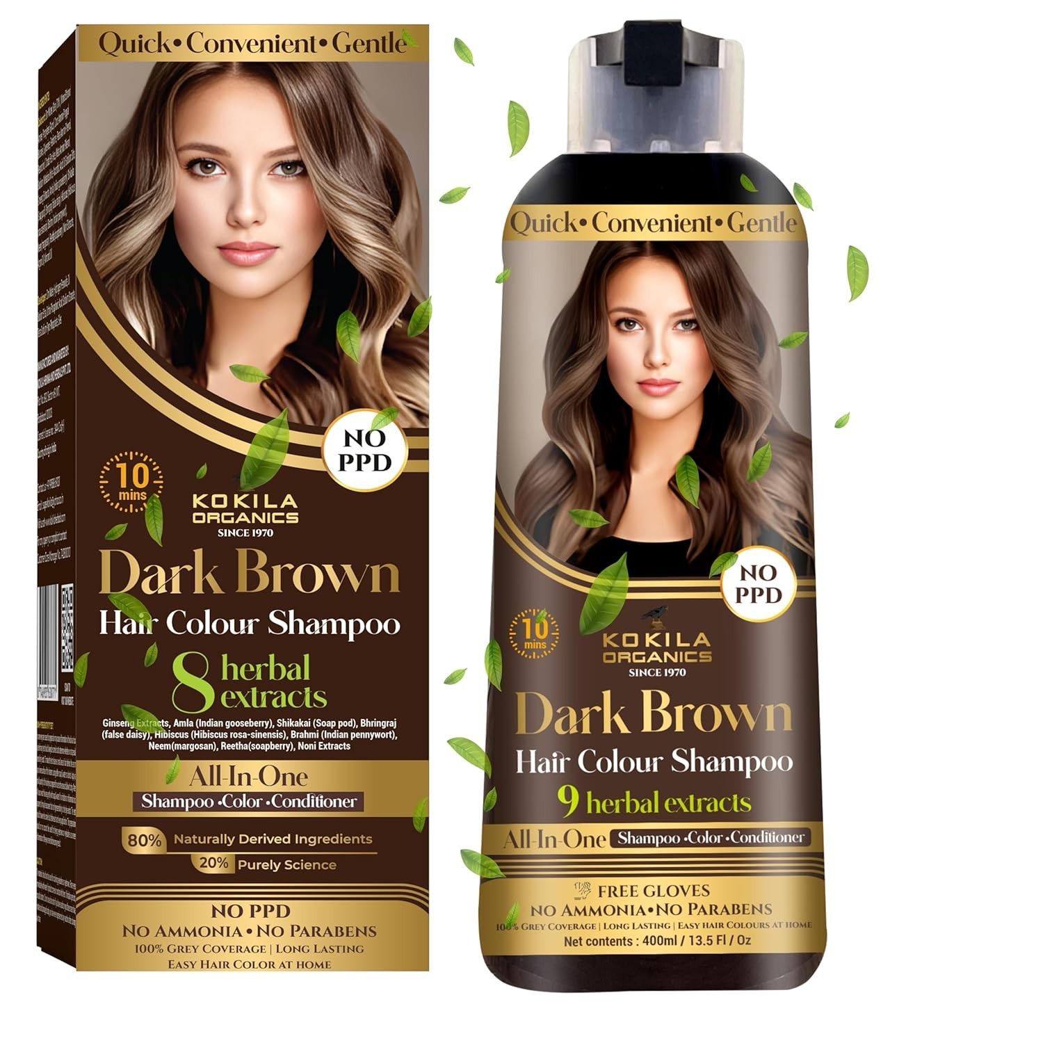 Kokila NO PPD Shampoo Hair Colour - Dark Brown - 400ml - 10 Pair Free Gloves