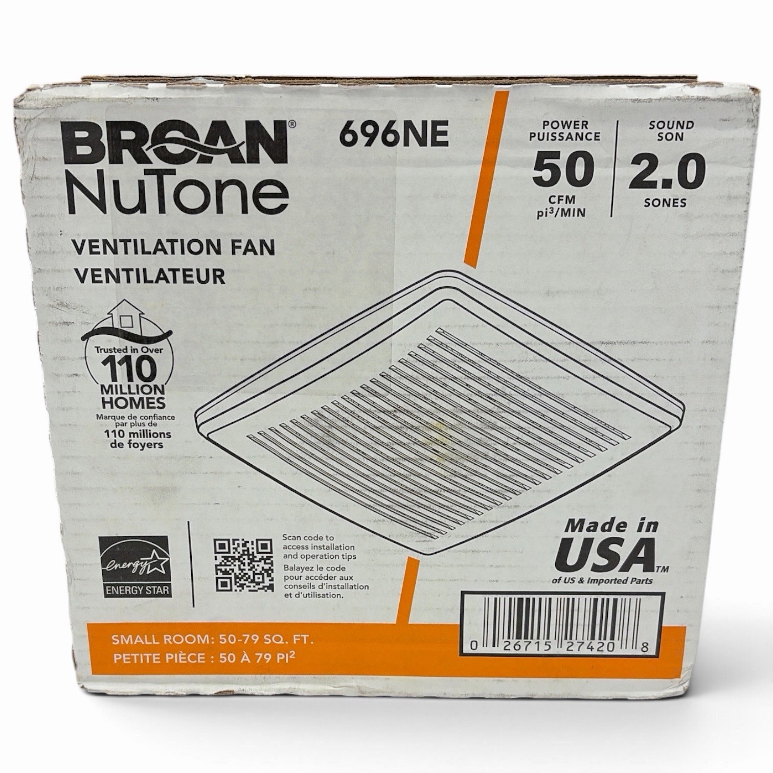 Broan NuTone 696NE 50 CFM Ceiling Bathroom Exhaust Fan Quiet No-Cut