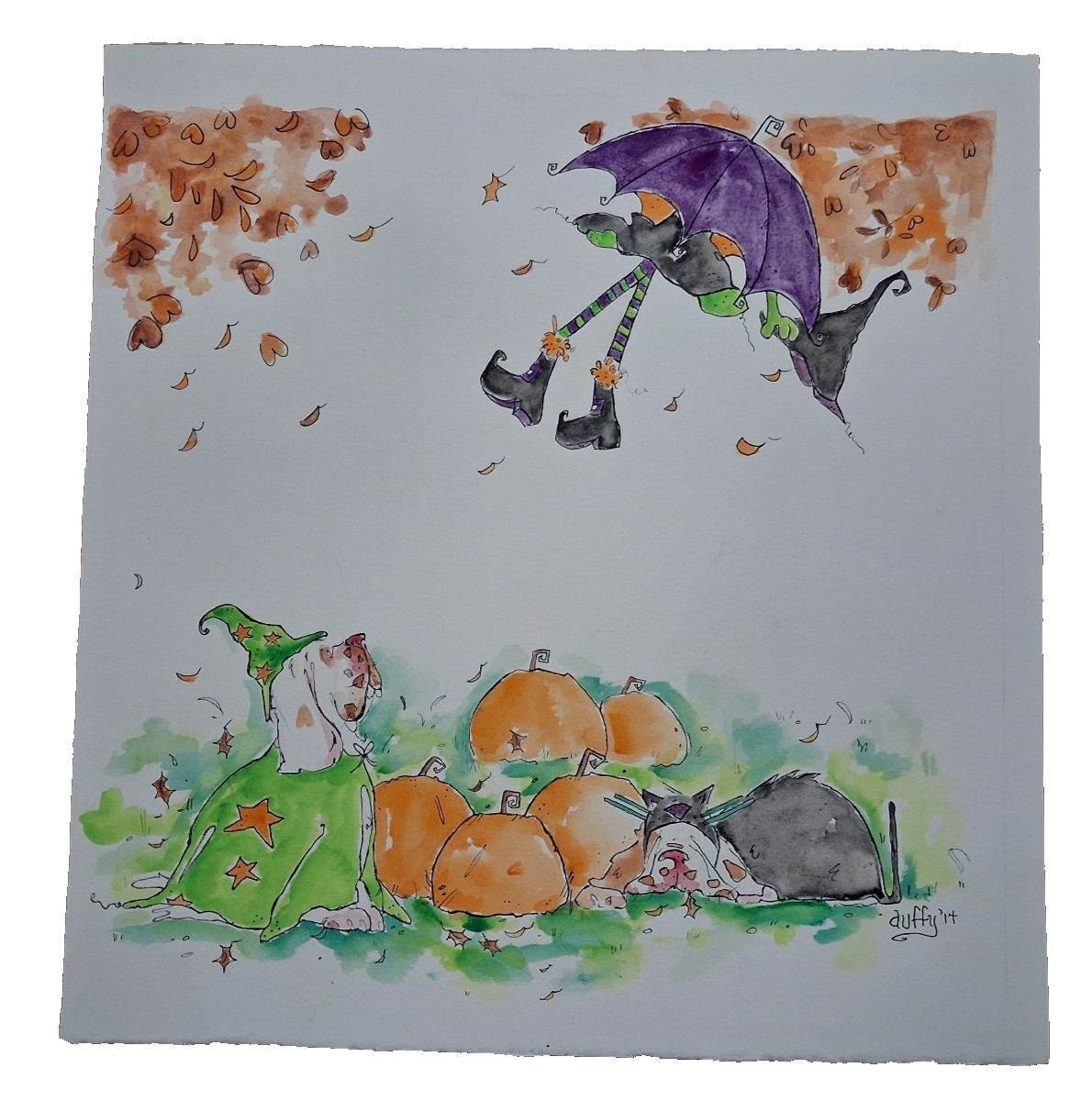 Lainey Duffy Halloween Watercolor Painting Original Dog Kitten Witch Pumpkins 14