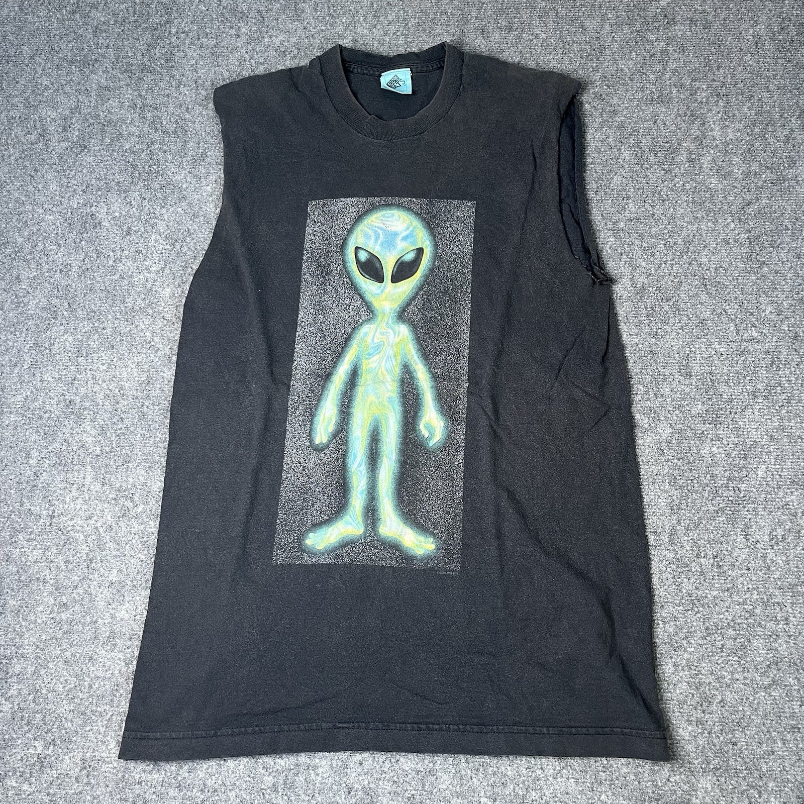 Vtg 1995 Alien Martian ufo Cut Off Chopped T-shirt Mens L Black 1990s Tee