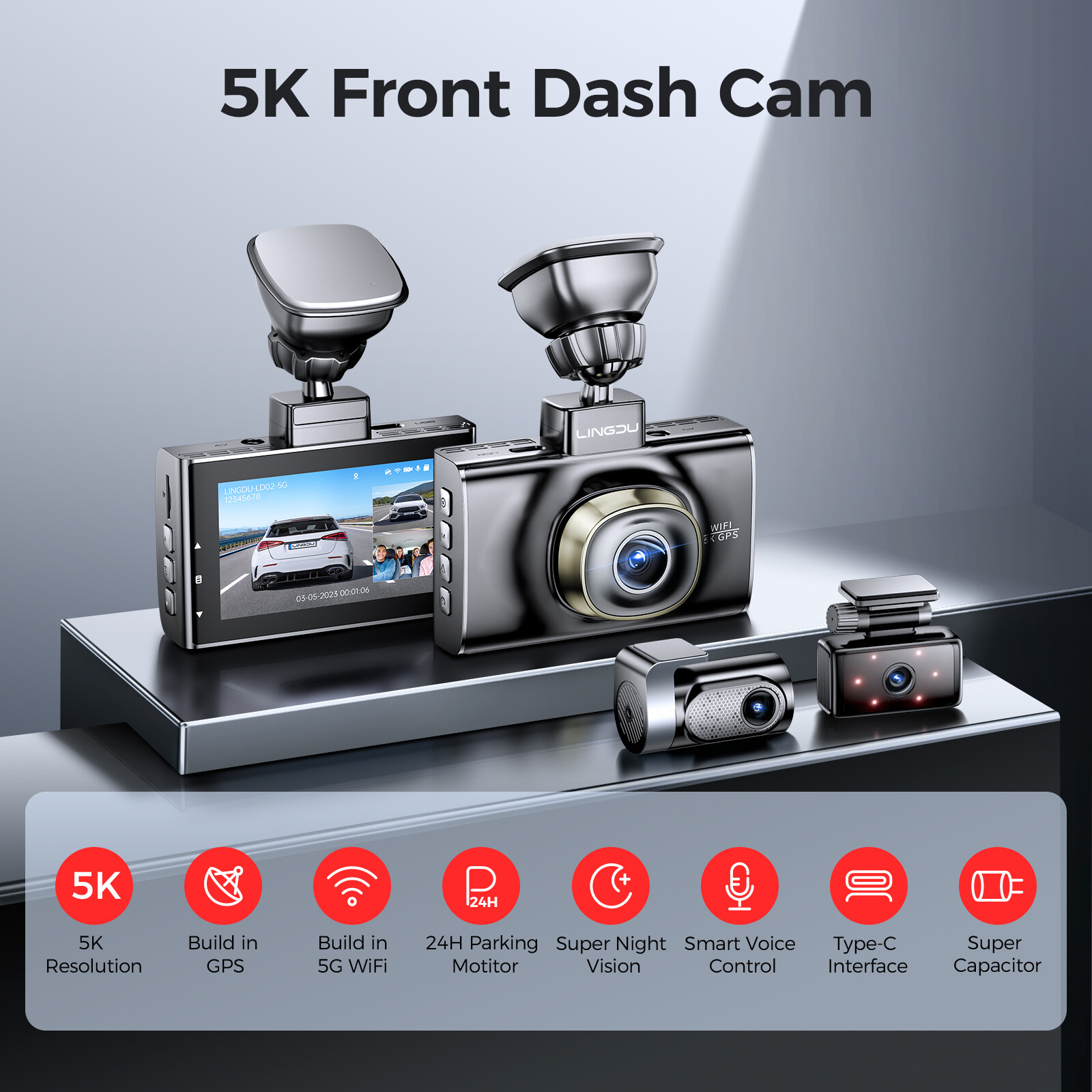 5K Dash Cam 3Lens Front+Rear+Cabin Dash Camera WiFi&GPS Night Vision 24H Parking