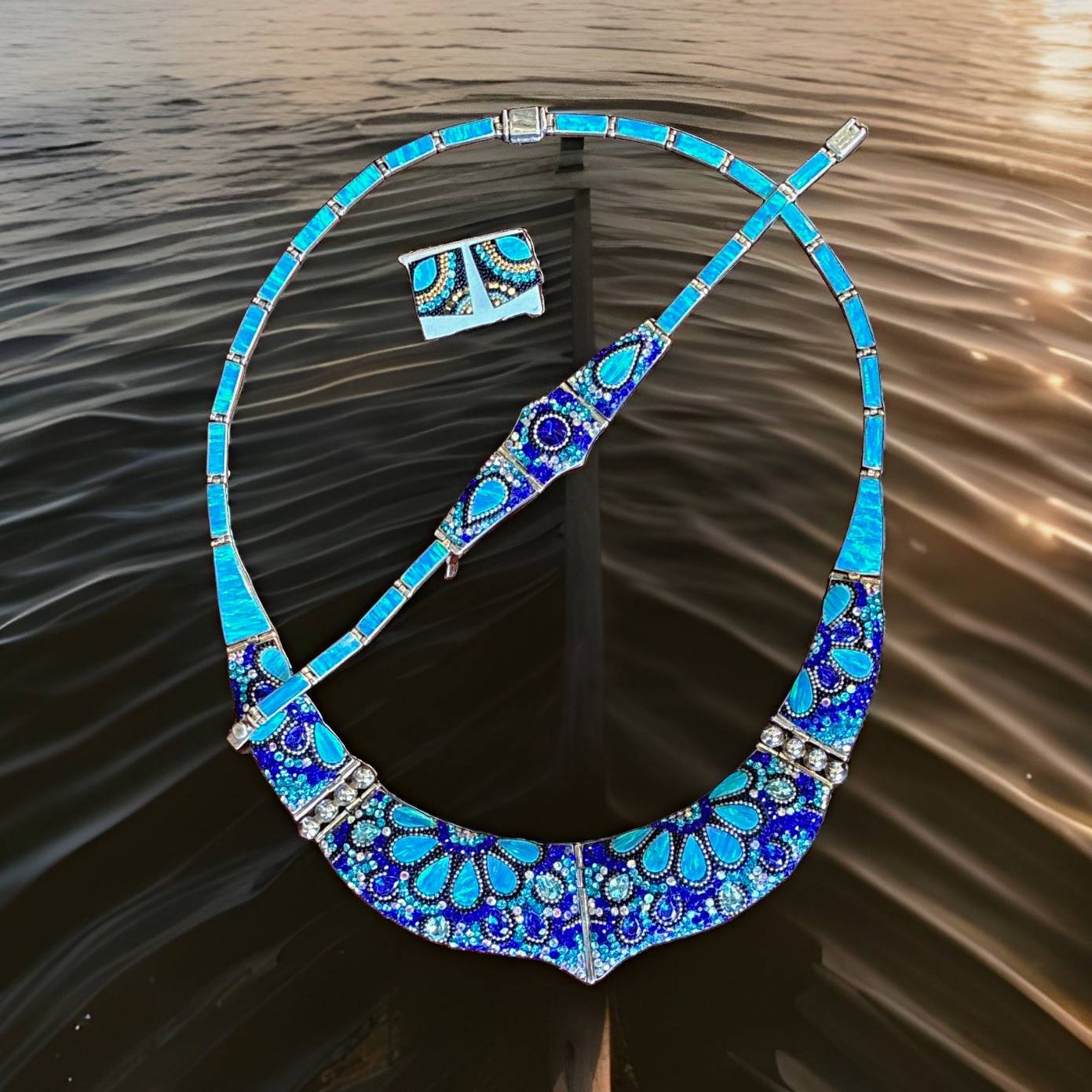950 Silver Light Opal Inlay Statement Set ,Necklace Bar Link Box Clasp Signed 950 Silver Light Opal Inlay Statement Set ,Necklace Bar Link Box Clasp Signed