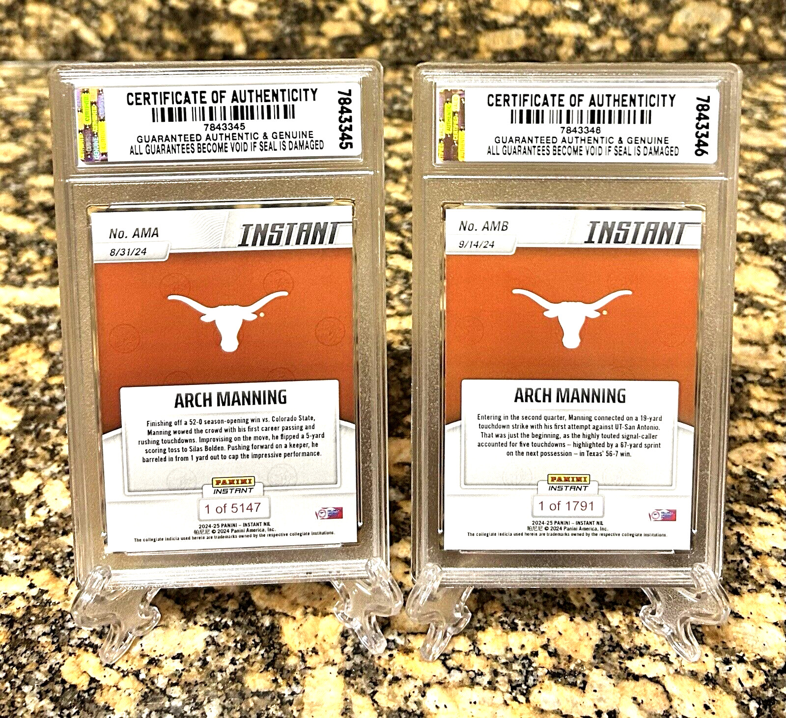 2 ARCH MANNING TEXAS 1ST EVER 2024 Panini GRADED GEM-MT 10 Rookie LOT #AMA/#AMB