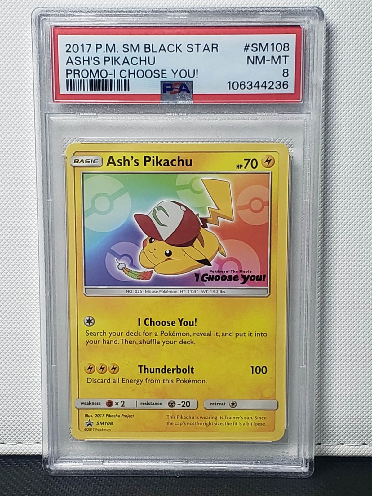 2017 POKEMON ASH'S PIKACHU PROMO SM108 I CHOOSE YOU PSA 8 NM-MT BLACK STAR PROMO
