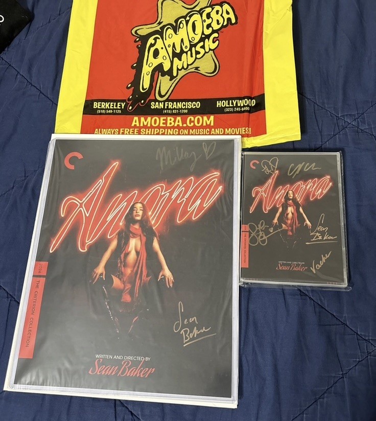 Anora Criterion Poster Signed By Mikey Madison & Sean Baker + Dvd Signed By Cast