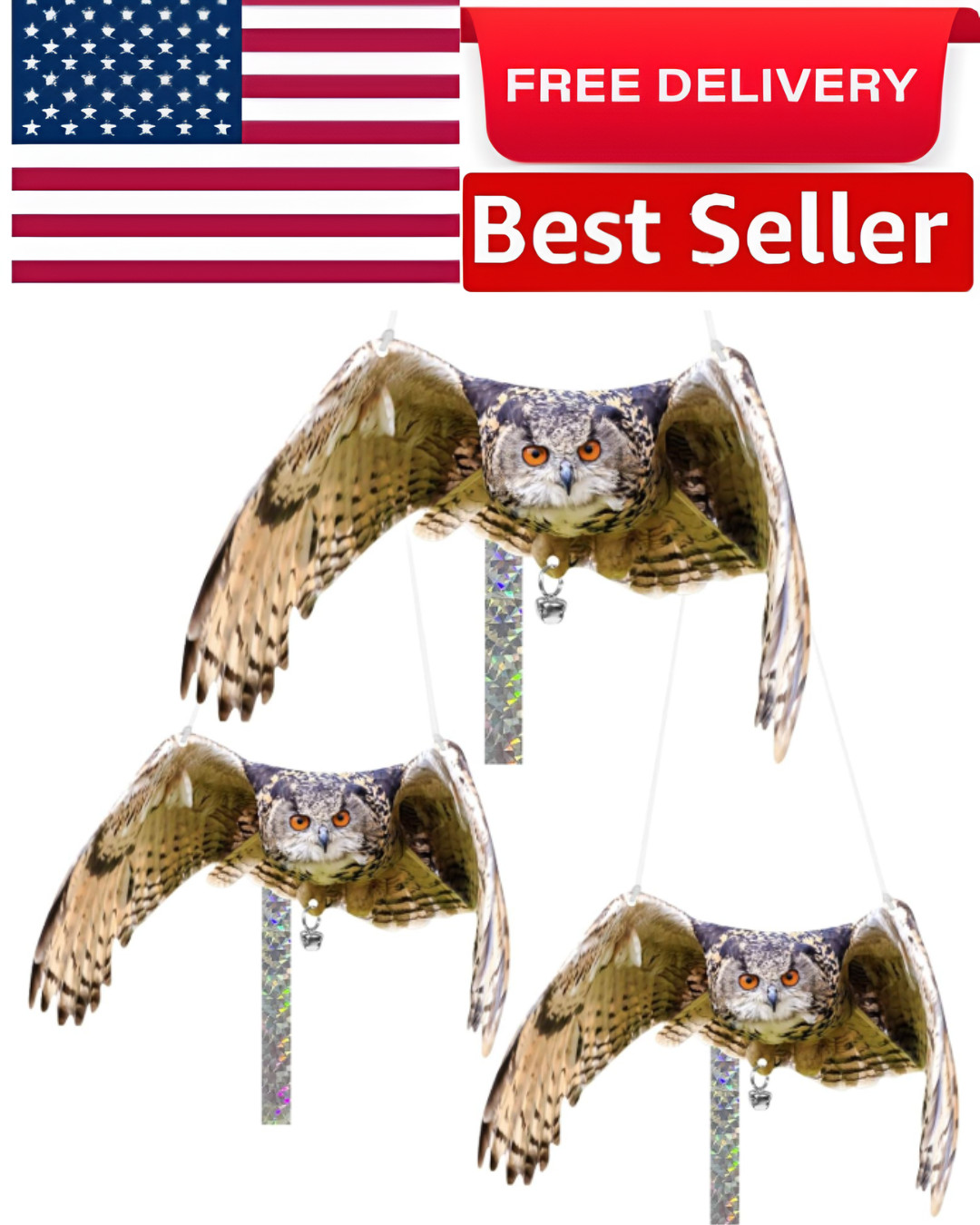 Fake Owl Decoy to Scare Birds, 3 Pack Fake Owl Hanging Effective Bird Control D