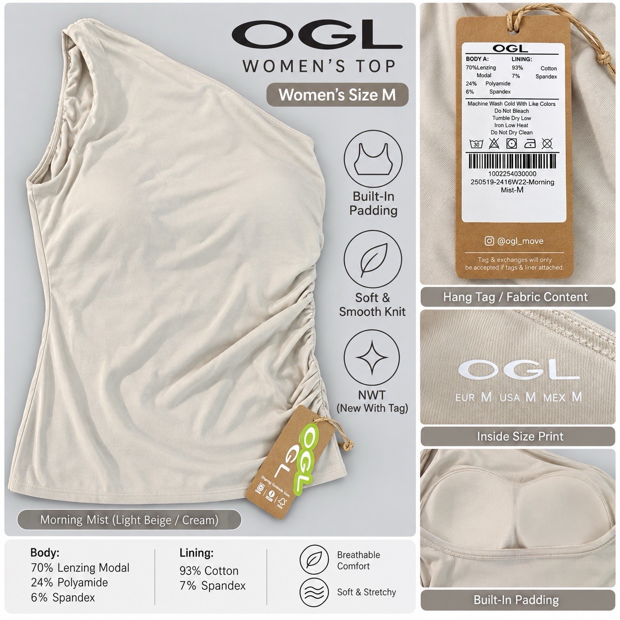 OGL Women’s Size M One Shoulder Padded Top Morning Mist NWT C2 OGL Women’s Size M One Shoulder Padded Top Morning Mist NWT C2