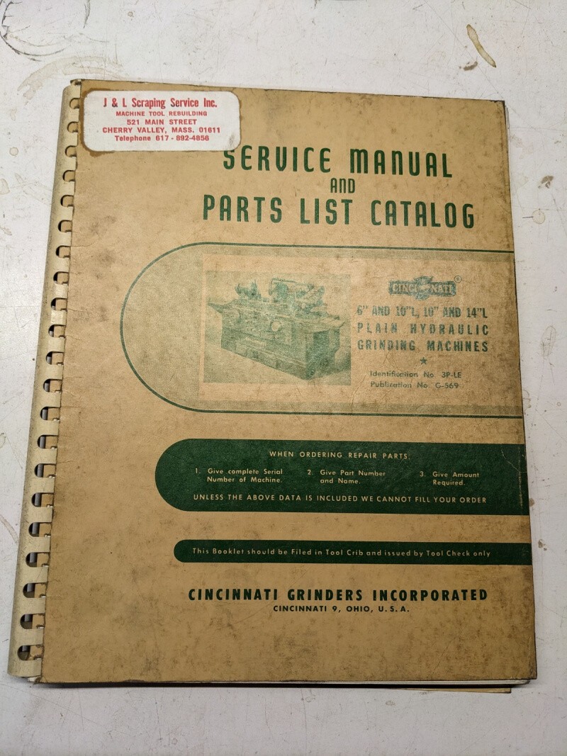 CINCINNATI OPERATOR SERVICE MANUAL PART LIST CATALOG 6 10”L 14L GRINDING MACHINE