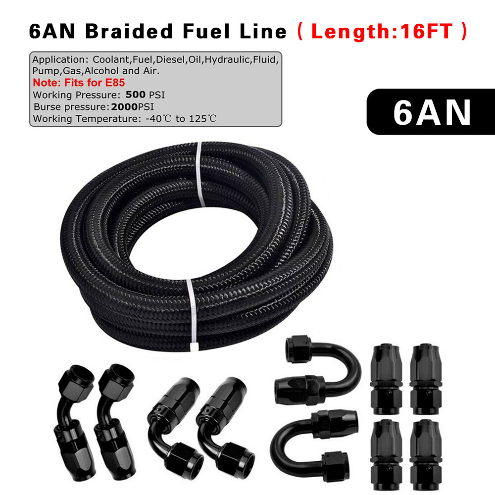 New AN6 -6AN Fitting Stainless Steel Nylon Braided Oil Fuel Hose Line 16.4FT Kit