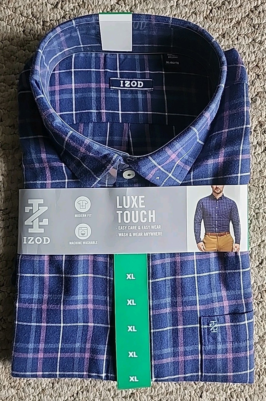 NWT IZOD Men\'s Luxe Touch Plaid Long Sleeve Modern Fit Shirt Dark Blue Size XL NWT IZOD Men\'s Luxe Touch Plaid Long Sleeve Modern Fit Shirt Dark Blue Size XL
