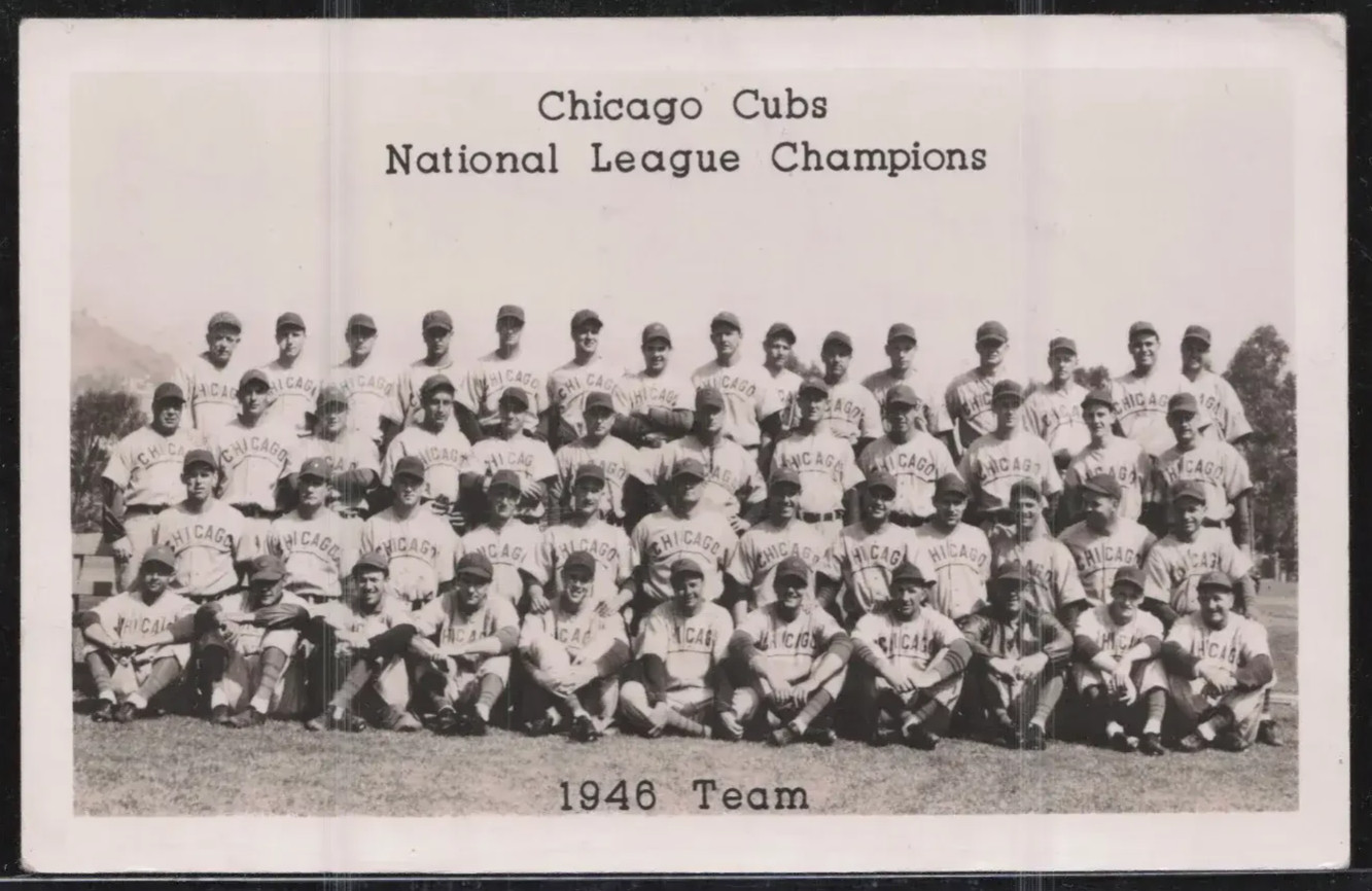 1946 Chicago Cubs NL Champions Team Photo RPPC Postcard Grogan Photo Co Danville