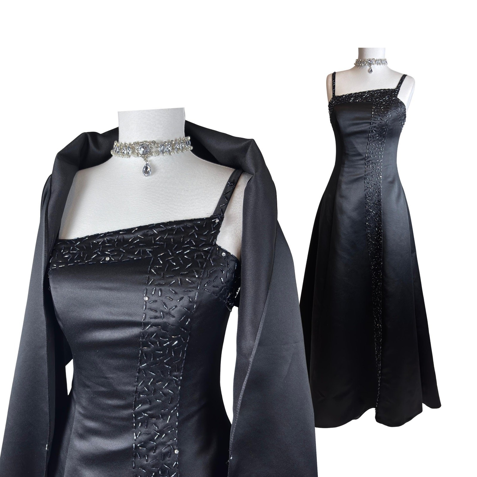 Vintage Black Satin Beaded Evening Gown With Matching Shawl