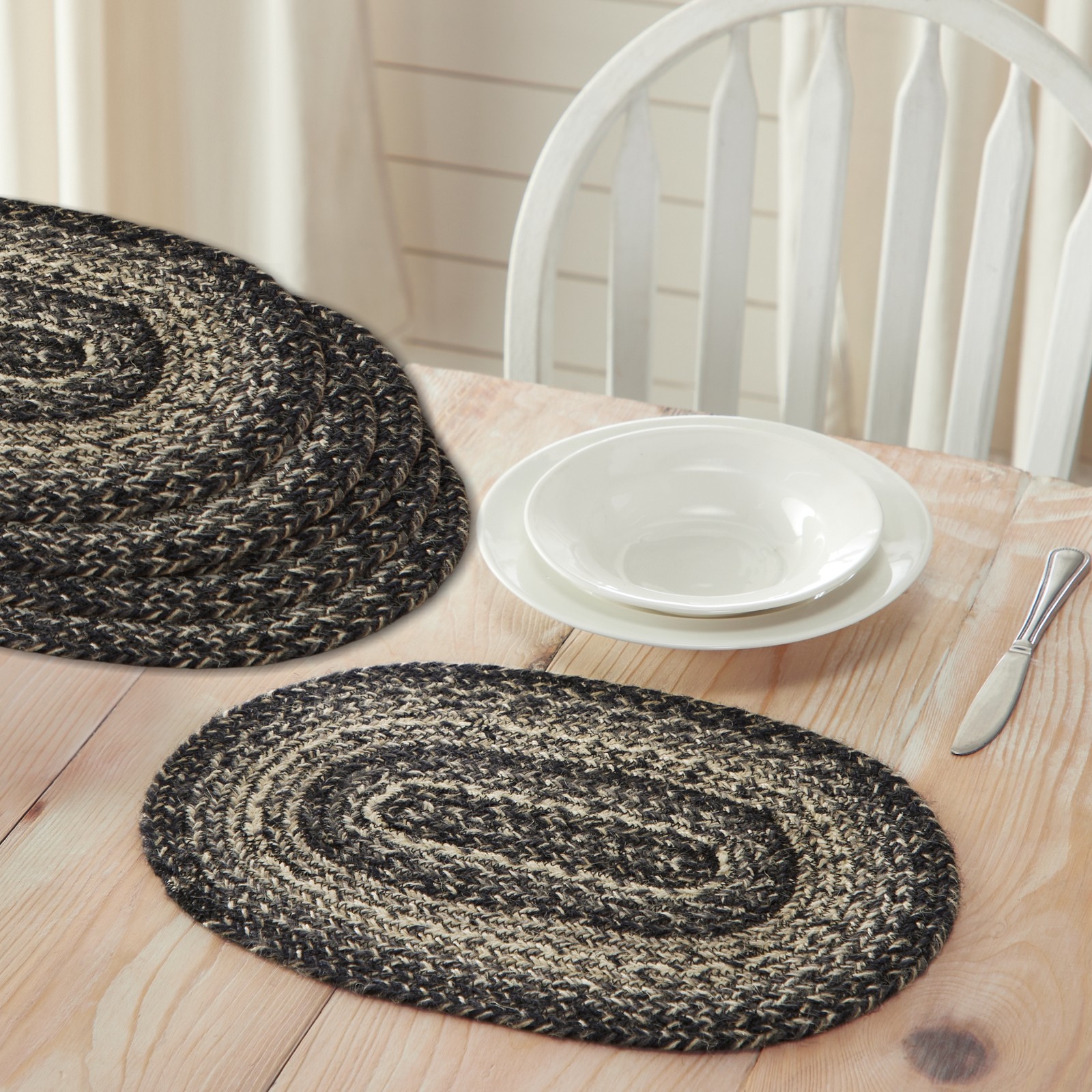 VHC Brands Sawyer Mill Black White Jute Oval Placemat Set of 6 10x15