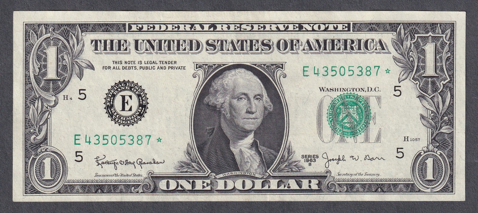 1963B $1 JOSEPH BARR RICHMOND *STAR* Beautiful UNC Federal Reserve Note
