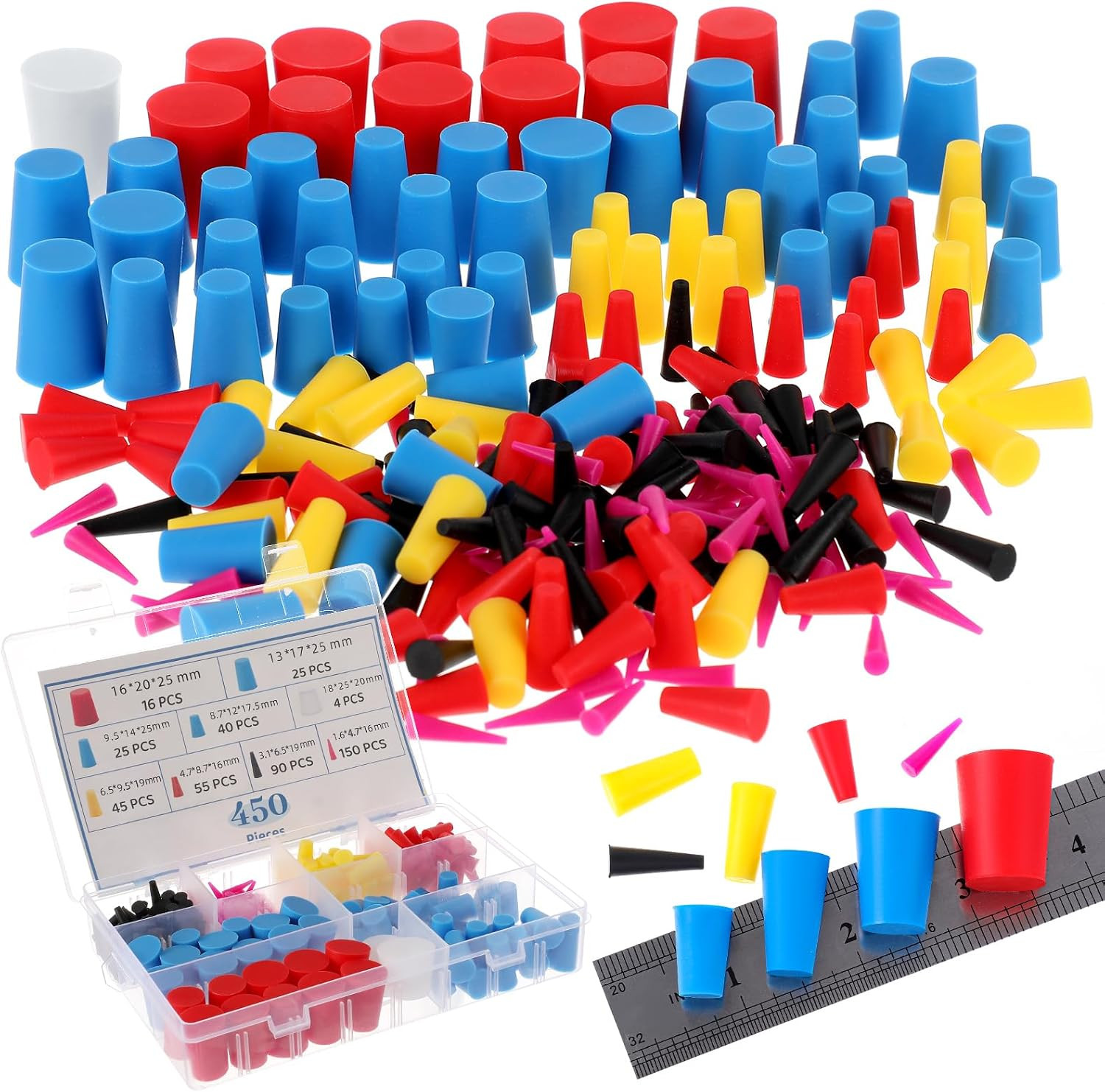 450 Pcs Silicone Tapered Rubber Plugs, 9 Sizes Stopper Assortment