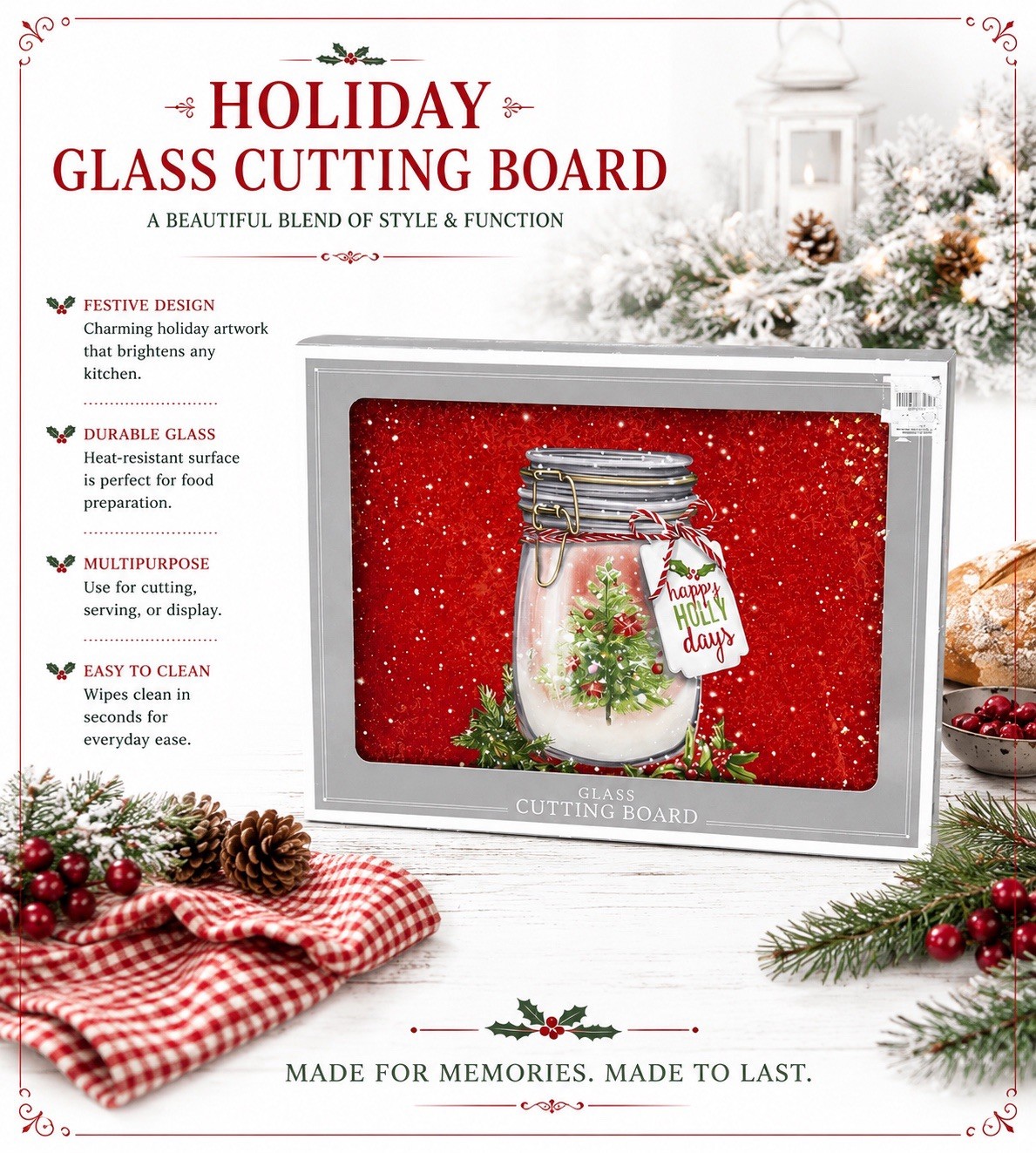 Nantucket 'HAPPY HOLLY DAYS' Tempered Glass Cutting Board 16