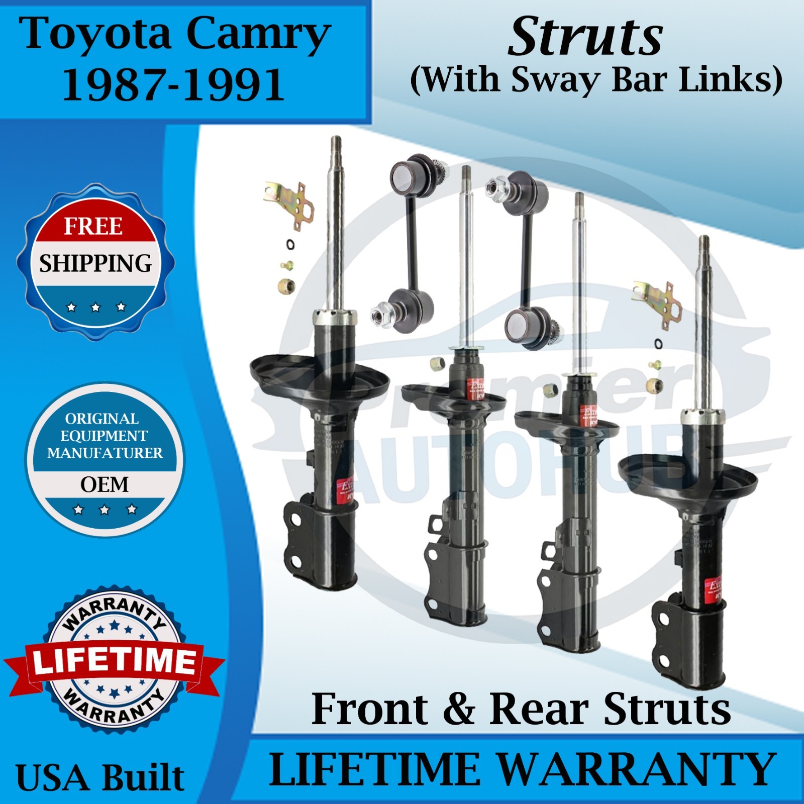 KYB OEM Front & Rear Struts W/Sway Bar For 1987-1991 Toyota Camry 9 Yr  Warranty
