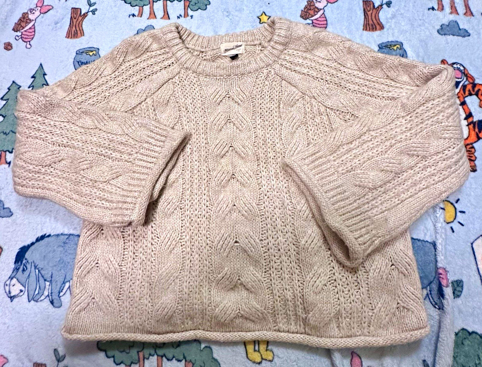 (NEW) Beige Cable-Knit Cotton Pullover Sweater, Unisex (NEW) Beige Cable-Knit Cotton Pullover Sweater, Unisex
