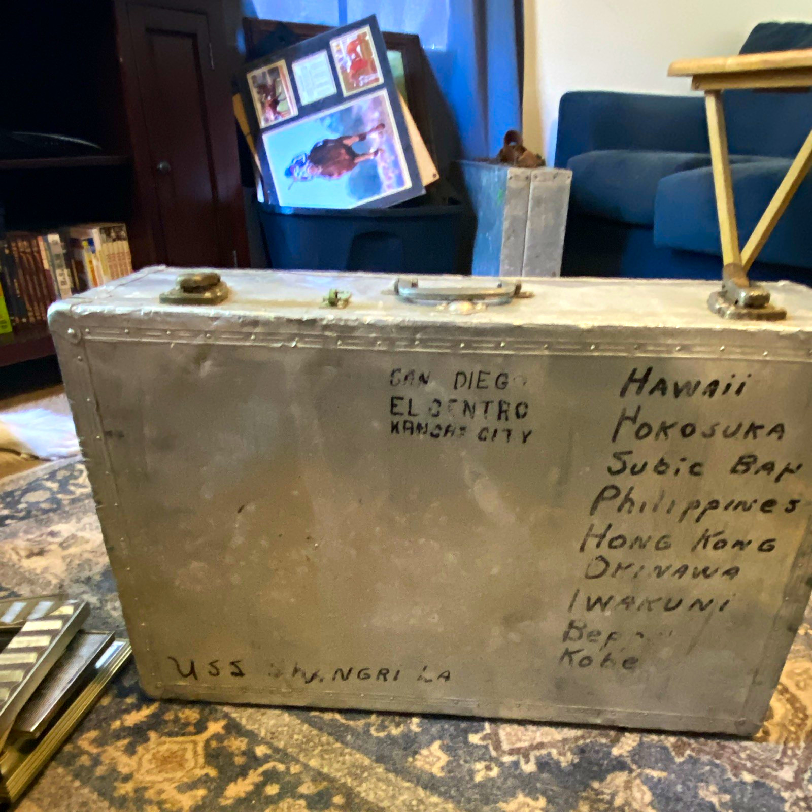 Vintage 1940s Silver Metal Hard-Sided Suitcase Travel Trunk w/ Handle