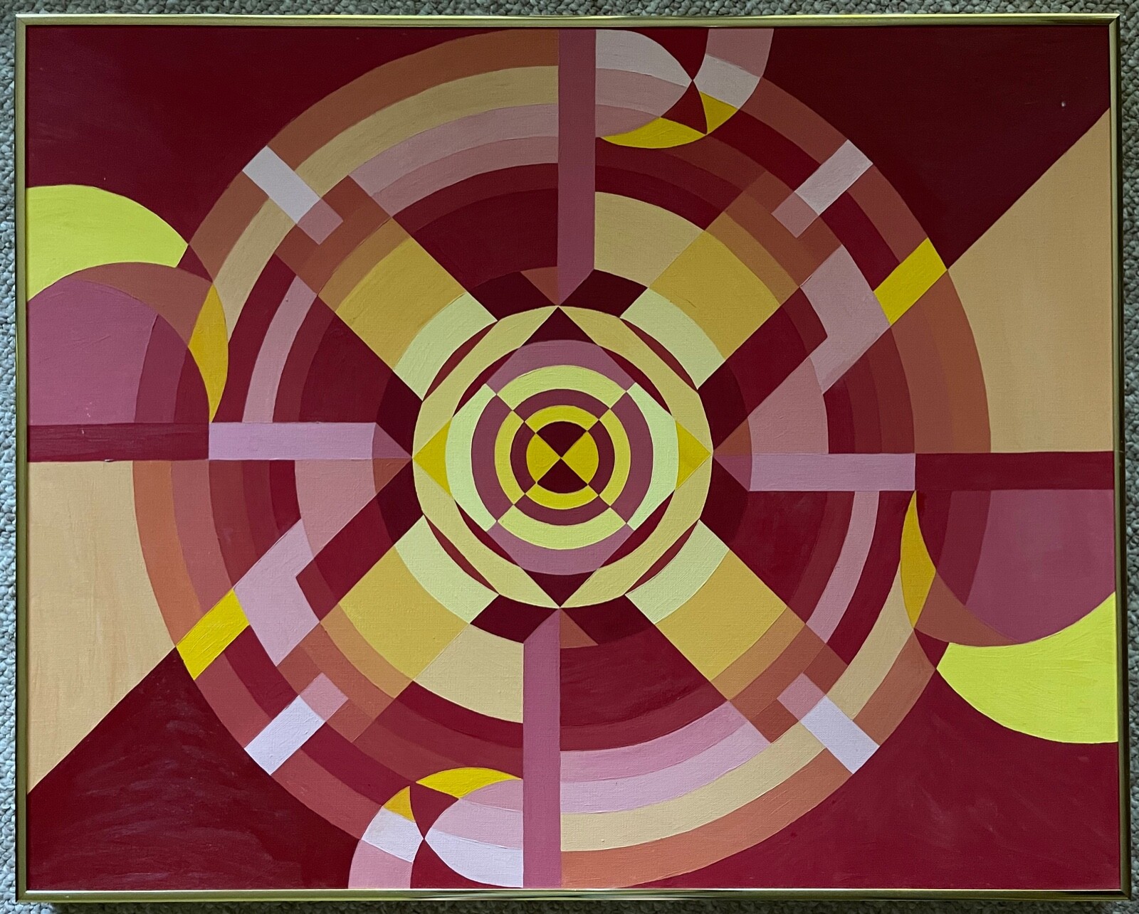 VIntage 1980s Geometric Optical Art Hard Edge Oil Painting Modern Wall Hanging