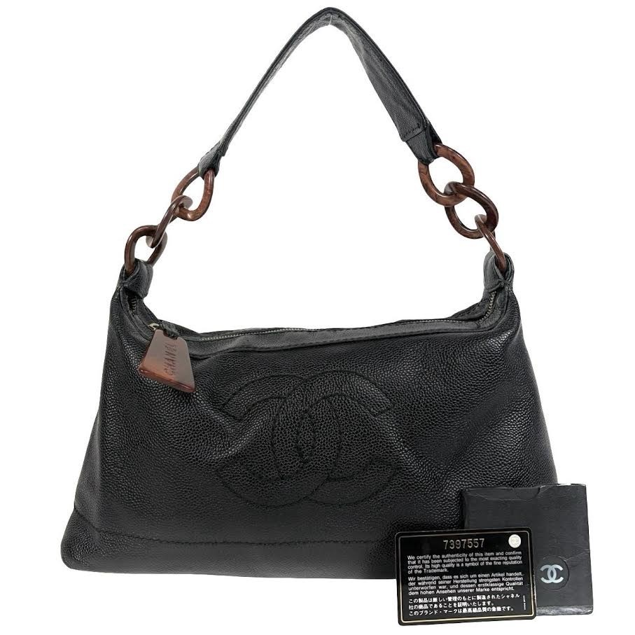 CHANEL Wood Chain Leather  Caviar Skin Hobo One Shoulder Bag Black Auth