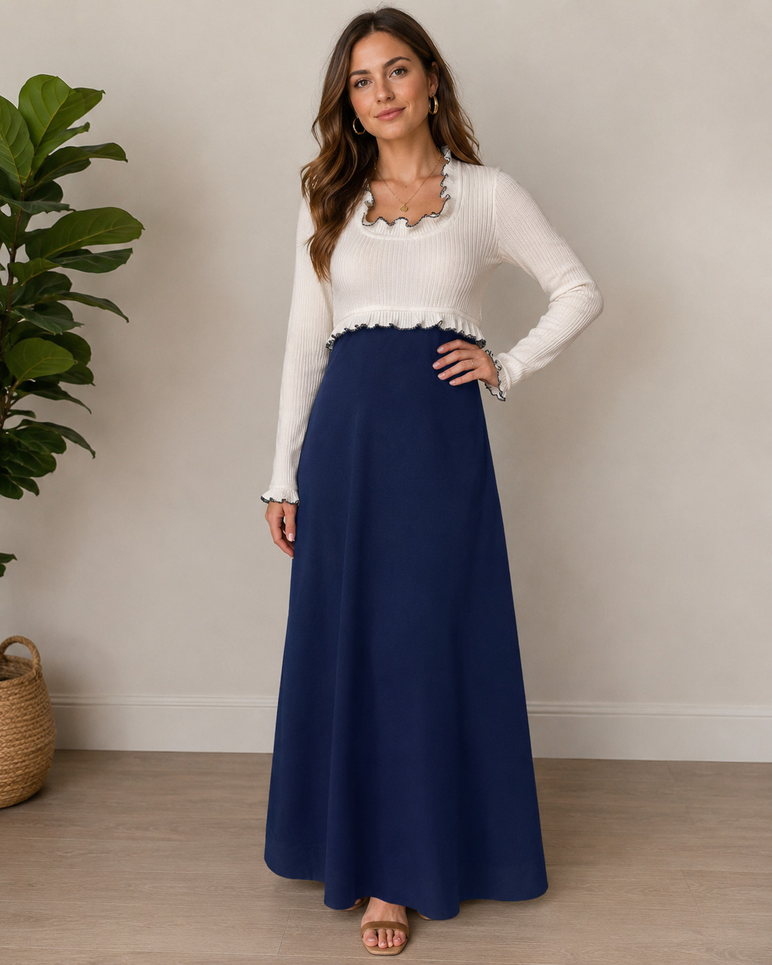 Vintage 70s Navy & White Empire Waist Maxi Hostess Dress Ruffles, Med