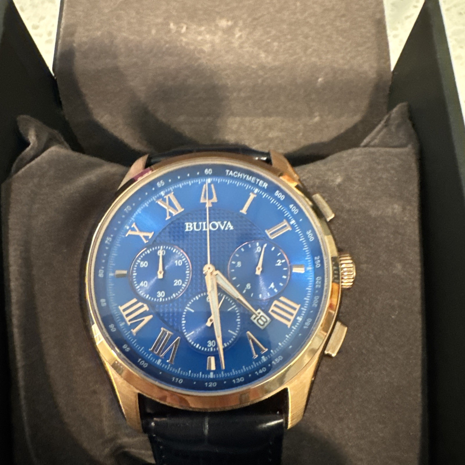 Bulova Men\'s Classic Wilton 97B170 Blue Dial Leather Strap Quartz Watch 46mm