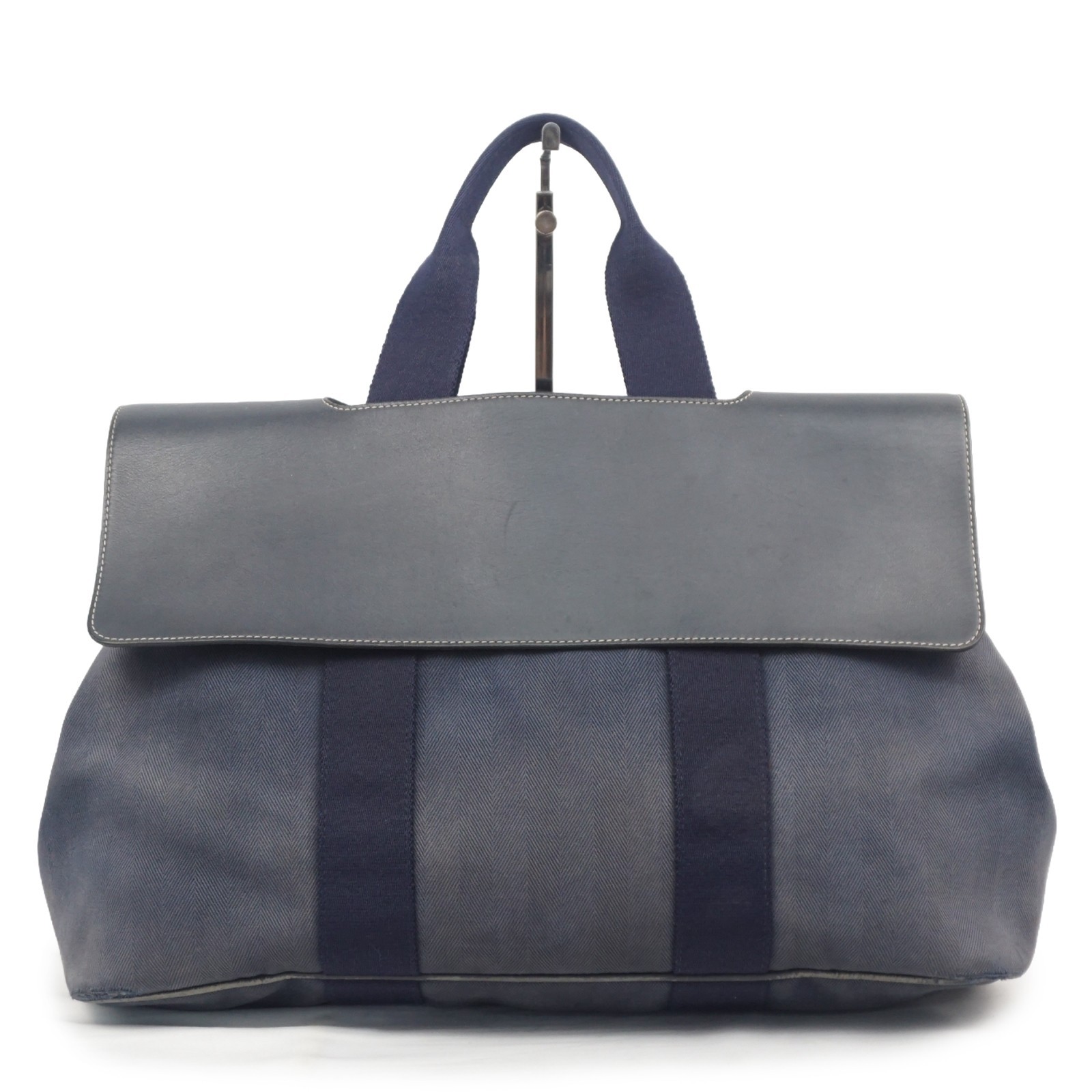 HERMES Valparaiso MM Tote Handbag Toile Chevron Leather Dark Navy Black