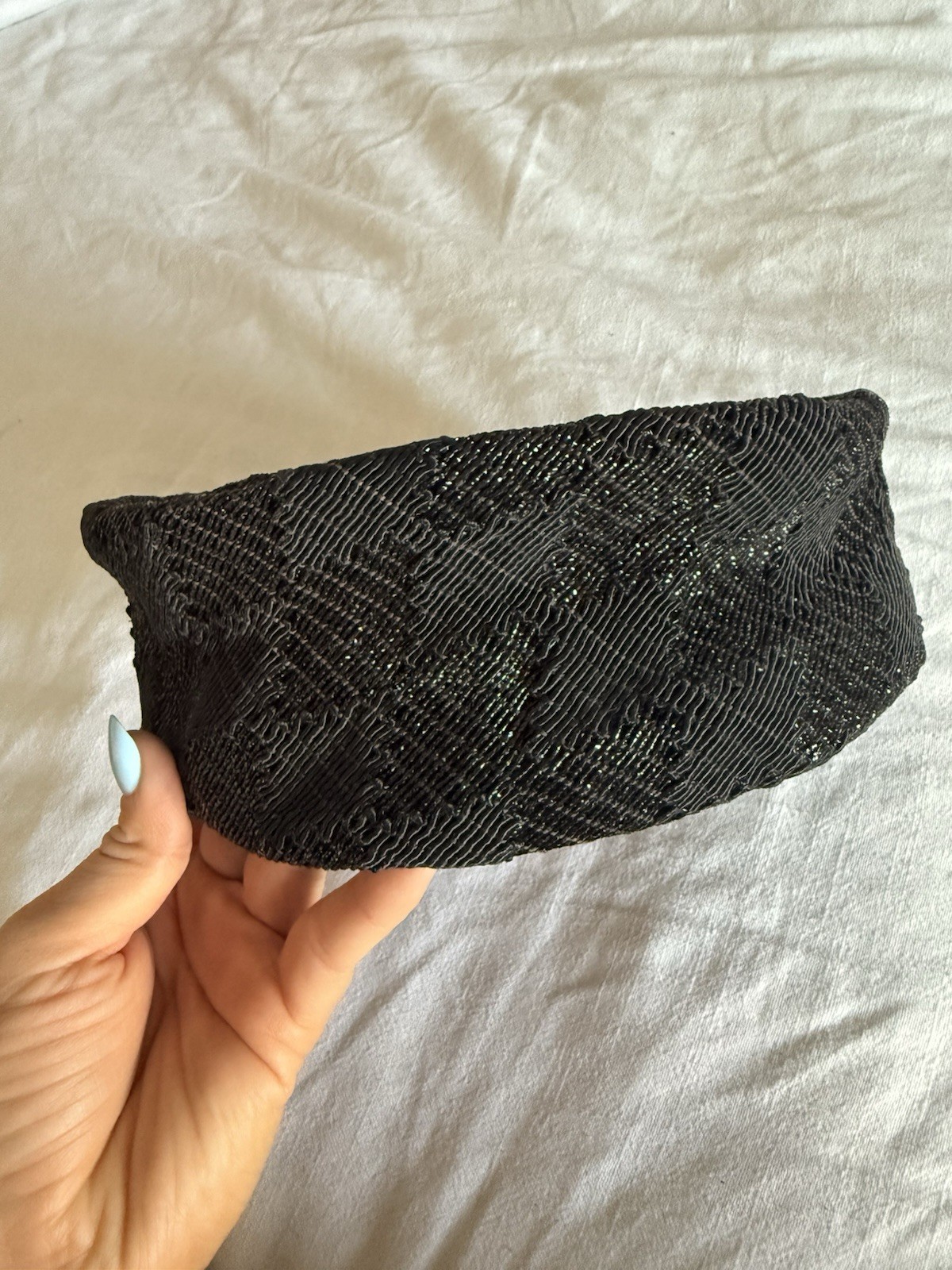 Vintage 1950/60s Black Checkered Pillbox Hat, Textured Mesh Ribbon Cording