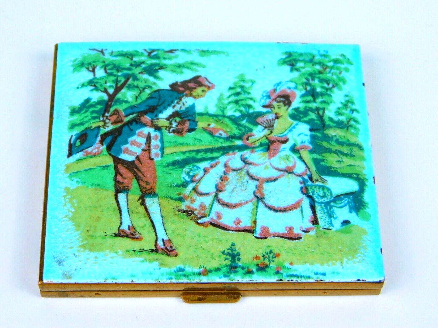 Antique Vintage Victorian Guilloche Enamel Compact Colonial Woman & Man Scene Antique Vintage Victorian Guilloche Enamel Compact Colonial Woman & Man Scene
