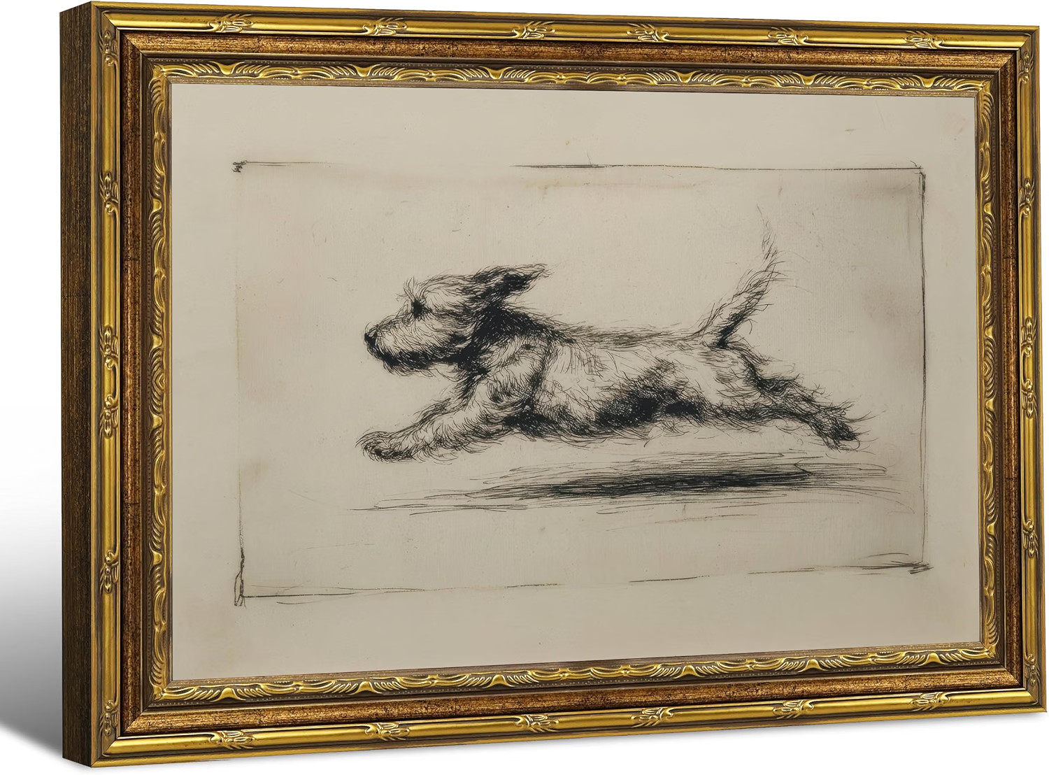 Vintage Gold Framed Wall Art Antique Terrier Sketch Running Dog Wall Decor 9x11\