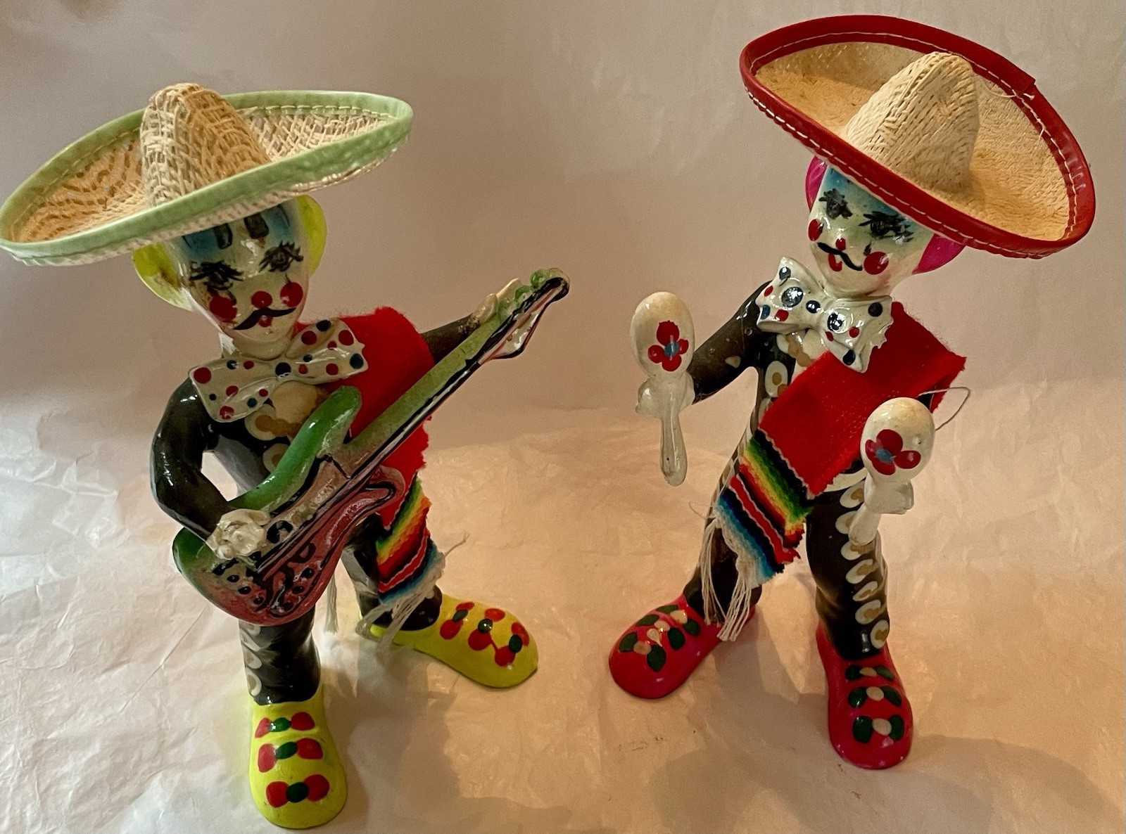 Mexican Art Mariachi Day Of Dead Clown Figurines Papier Mache Hand Painted VTG