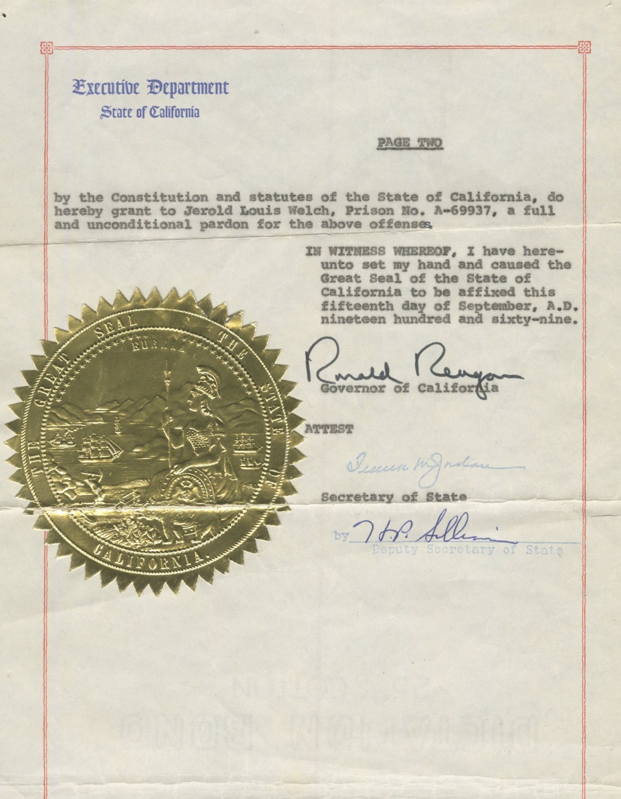Ronald Reagan ~ Signed Official California Governor Pardon 1969 ~ PSA DNA