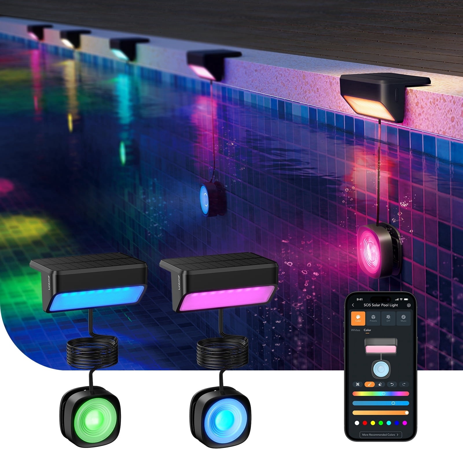 Linkind Smart Solar Pool Lights, RGBW LED, Dual-Zone App Control, IP68