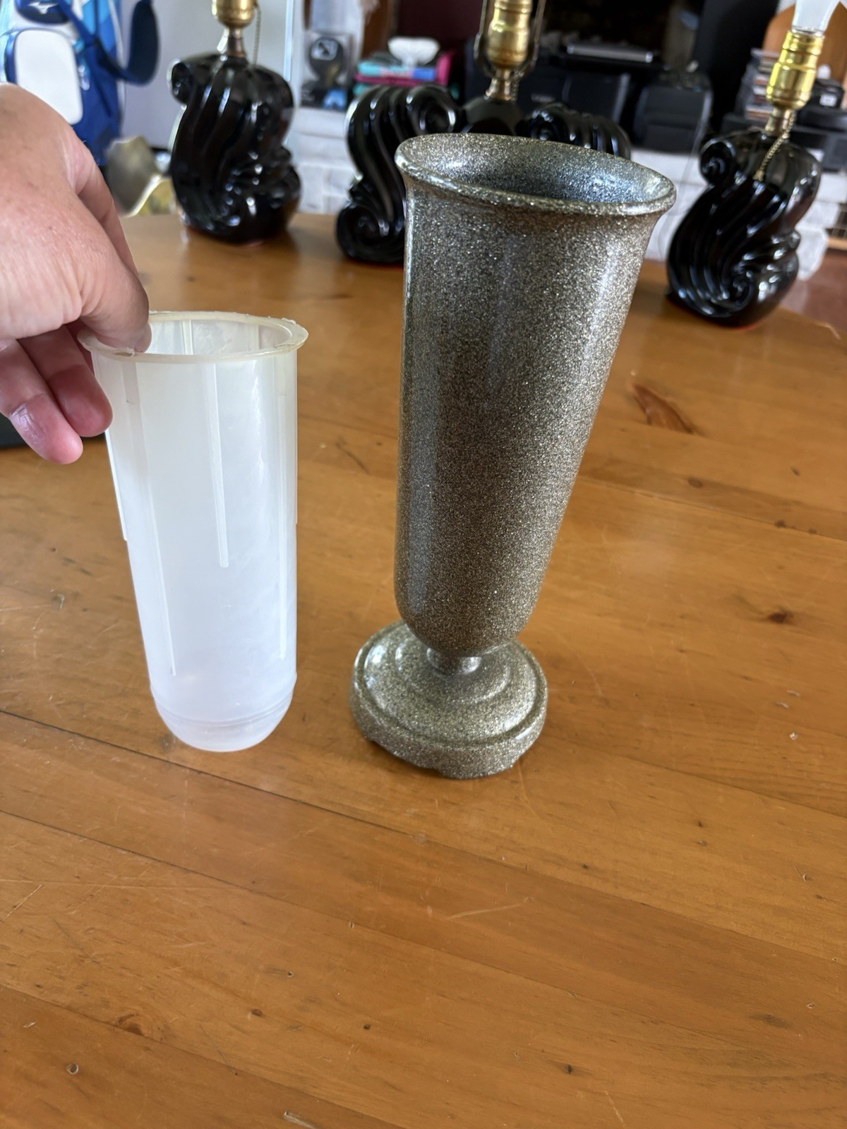 Vtg Memorial Flower Vase for Grave Headstone Aluminum-Metallic Gold Flake-9.25”