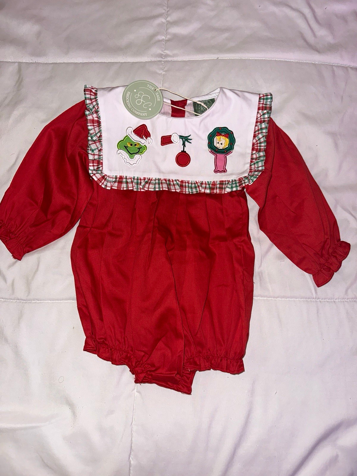 The Sage Smocking Company Girls 12-18M Red/White Christmas Embroidered Romper The Sage Smocking Company Girls 12-18M Red/White Christmas Embroidered Romper