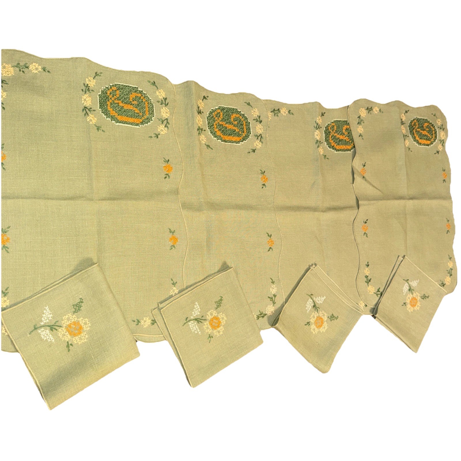 Lot 8 Vintage Hand stitched Embroidered Linens  Green Linen Floral Cottagecore