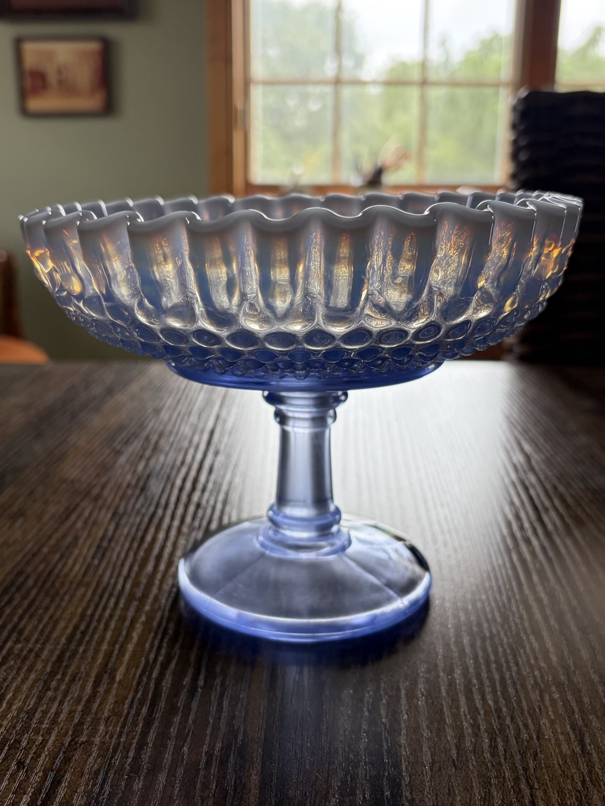 Vintage Westmoreland Blue Opalescent Hobnail Glass Compote Pedestal Bowl 7”