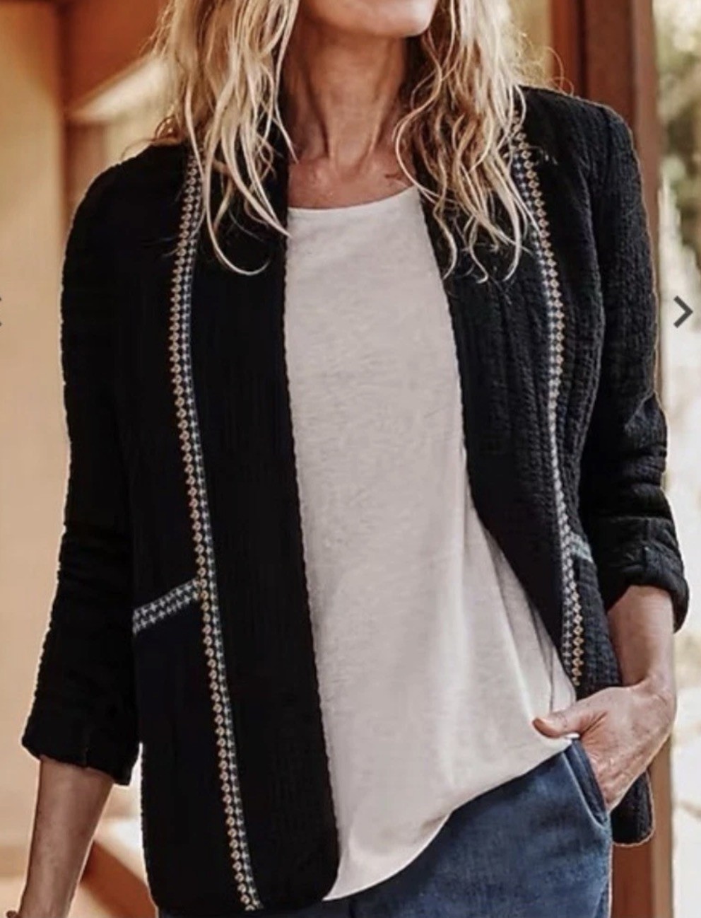 J Jill Pure Jill Quilted Seersucker Open Front Jacket Boho Embroidered Black XL