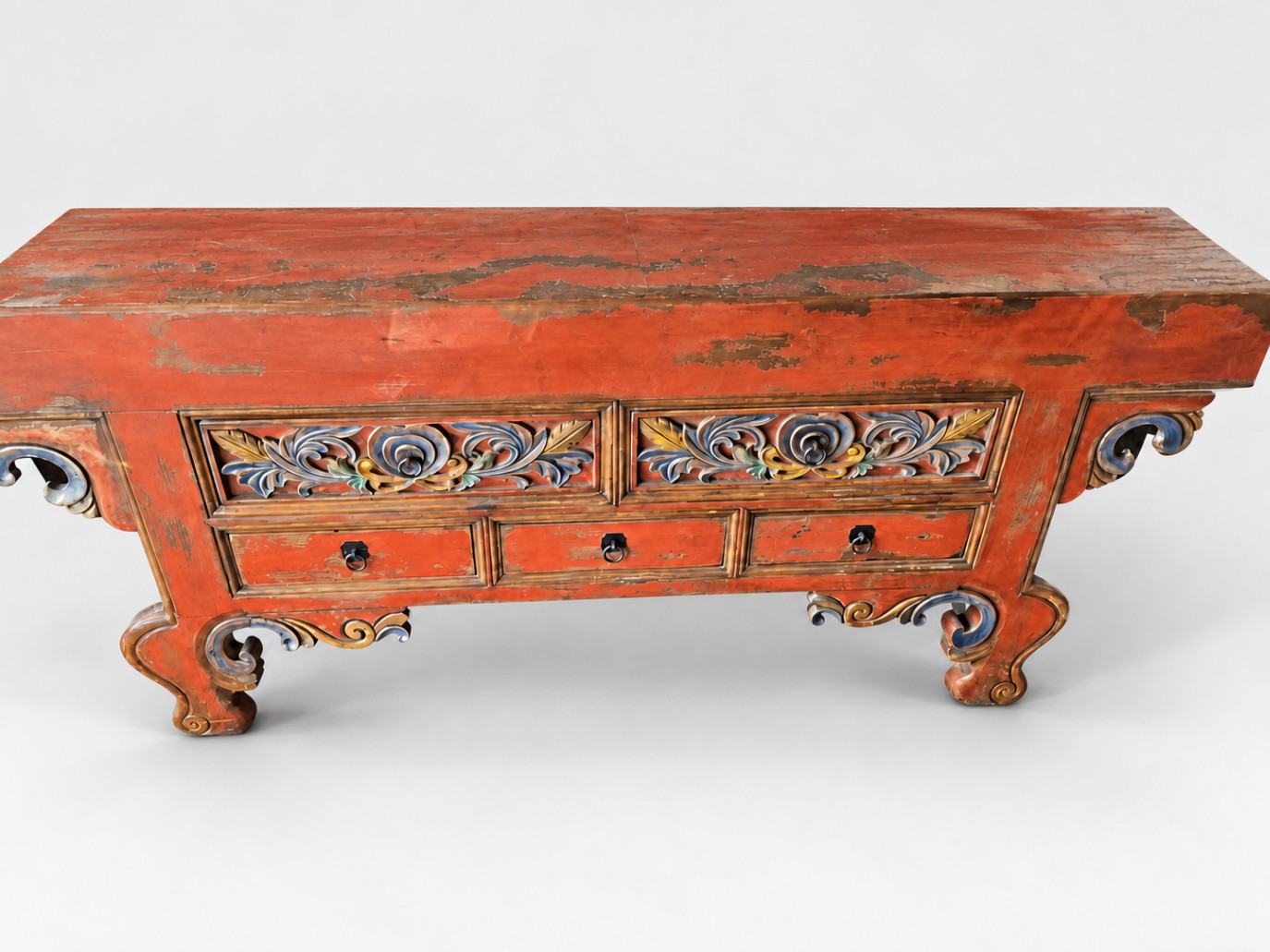 Antique Style Sideboard Console Table Hand Carved Wood Red Multicolored 5