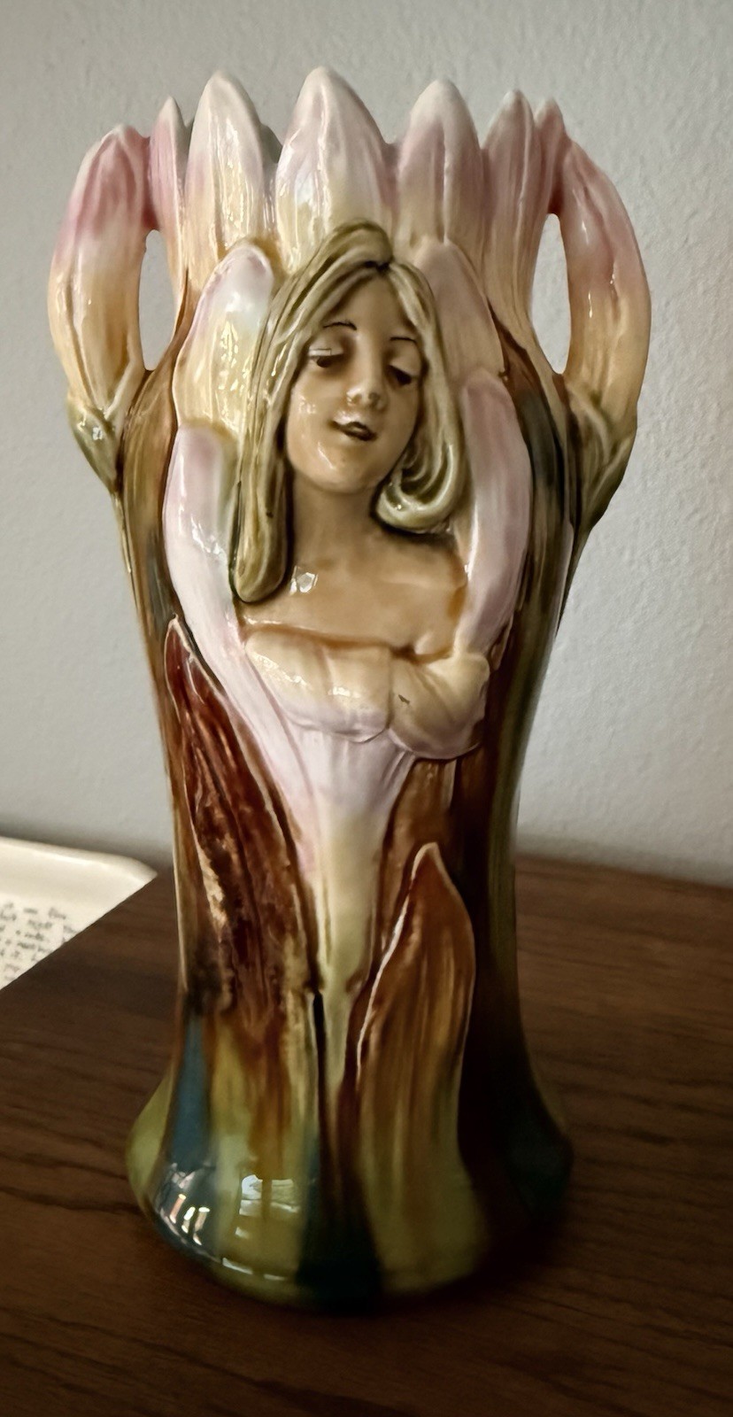 Old Majolica Art Nouveau Floral Vase with a Woman’s Bust Face 8.75” Tall Pretty