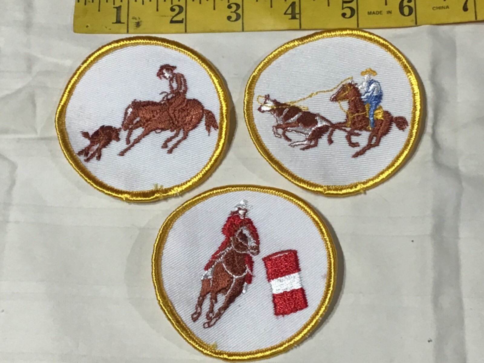 Vintage LOT x3 WESTERN COWBOY PATCHES Riding Roping Racing Rodeo Embroid NOS NEW