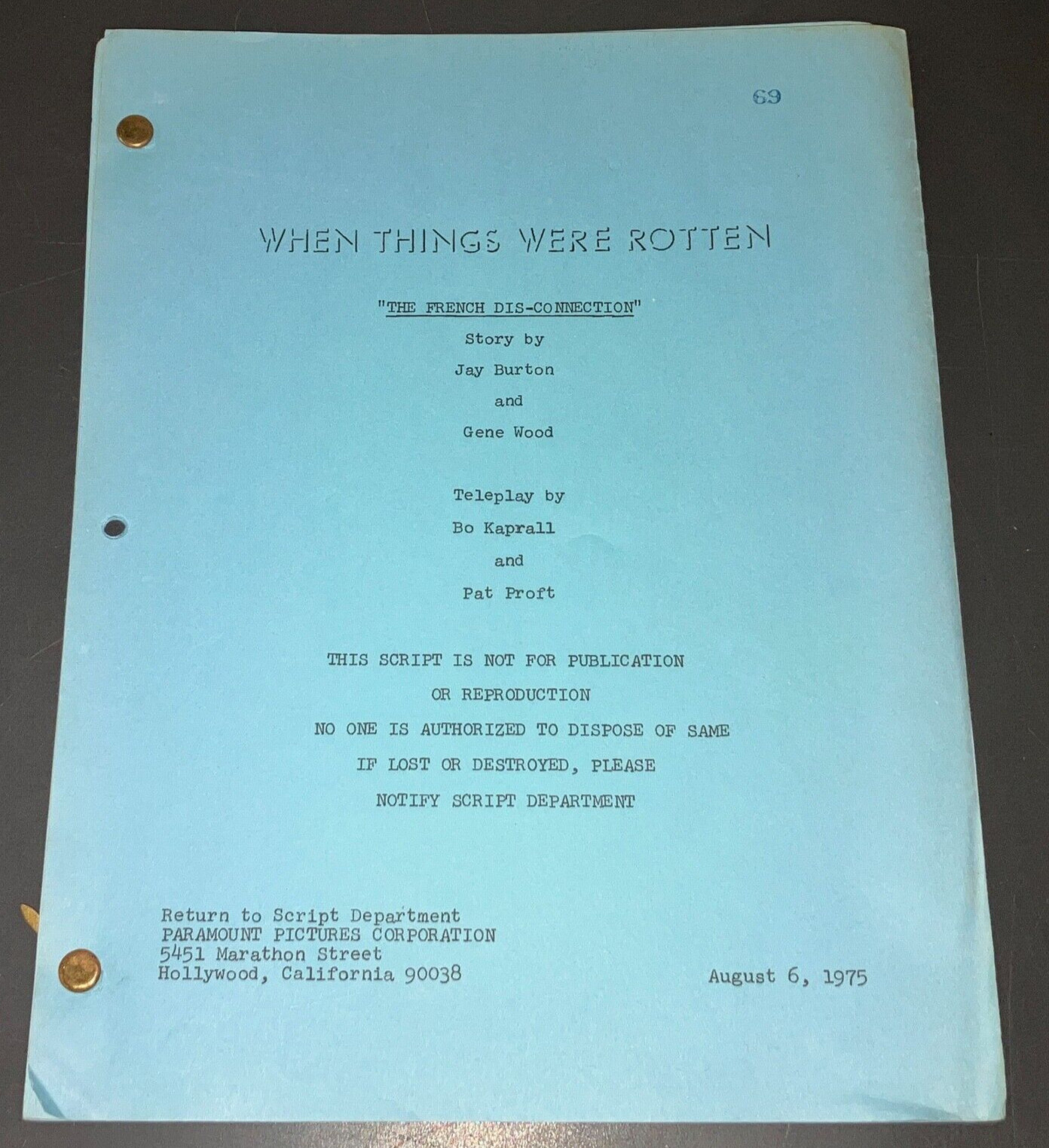 WHEN THINGS WERE ROTTEN (1975) Mel Brooks TV Script Blue Revision Original COA