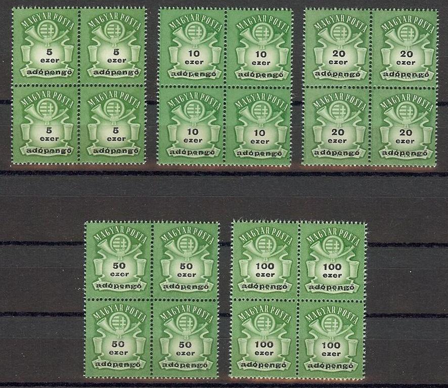 Hungary 1946 Sc# 775/80 Ado Pengo overpr blocks 4 MNH Green issue of Republic