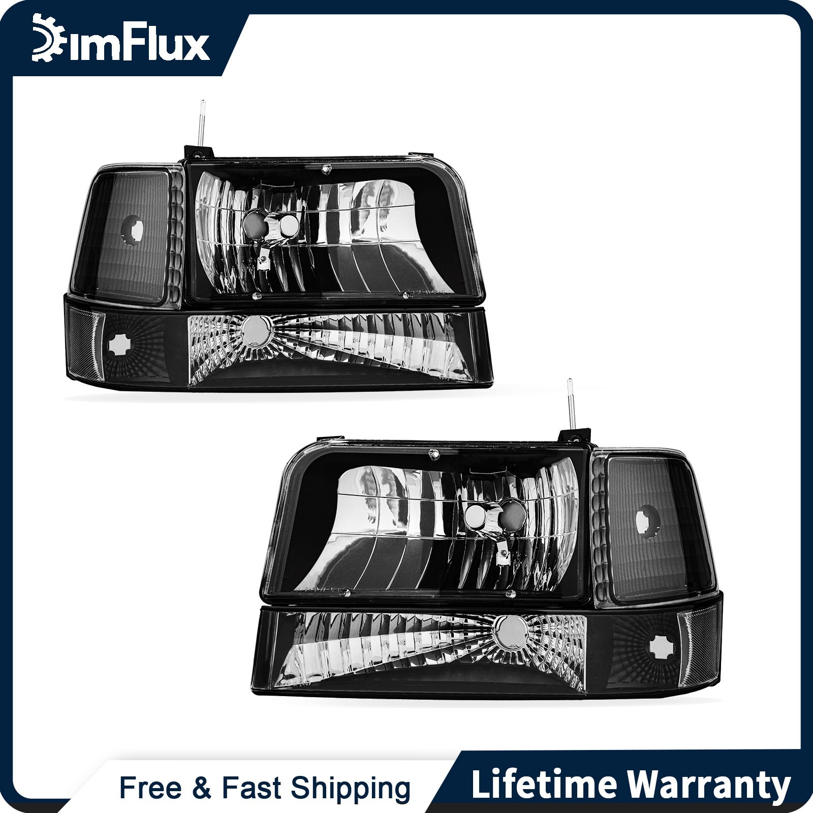 DimFlux Headlights for 92-96 Ford F150 F250 F350 Bronco Black Housing DimFlux Headlights for 92-96 Ford F150 F250 F350 Bronco Black Housing