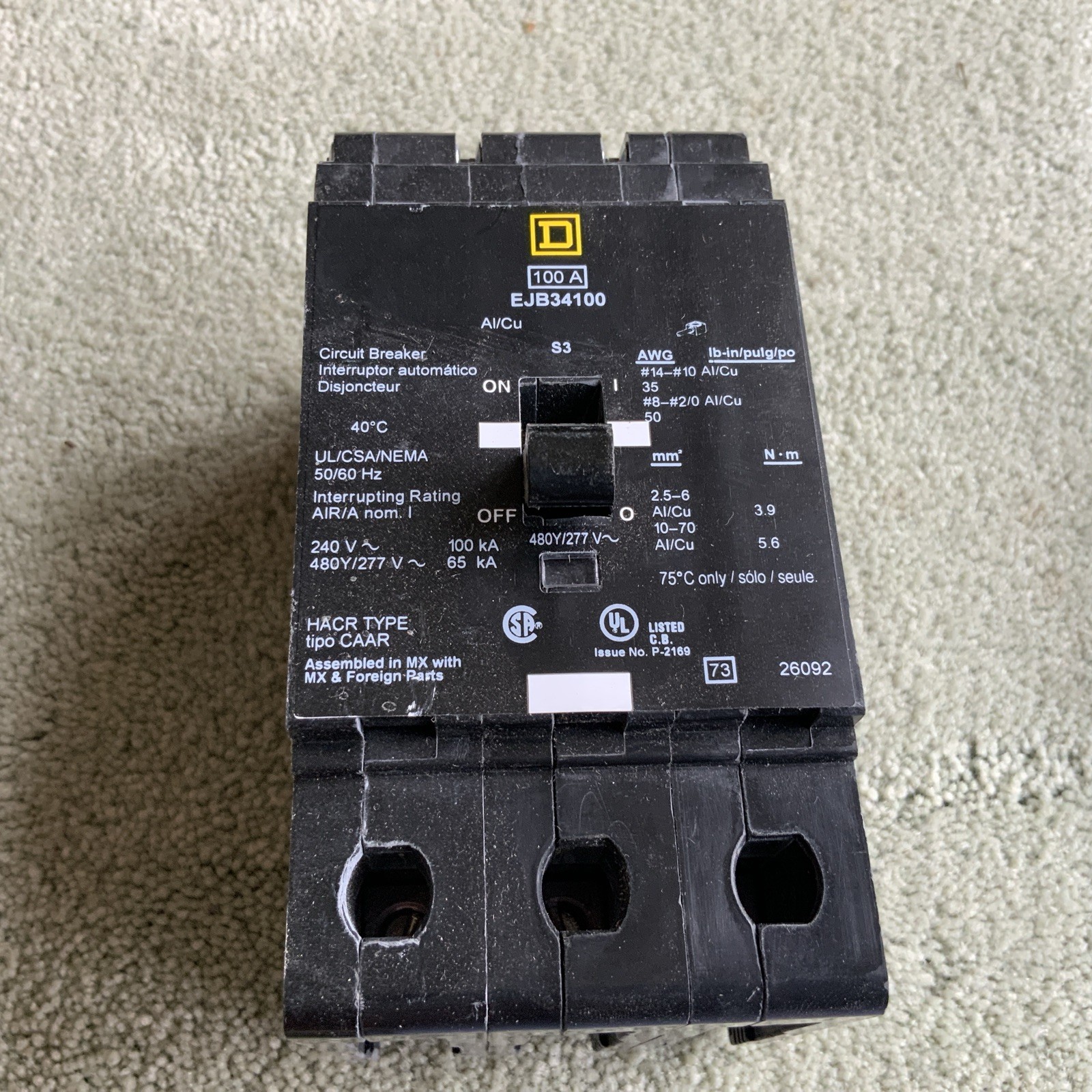Square D 100 Amp Bolt-On Circuit Breaker 3 Pole 480Y/277 VAC 65kA EJB34100