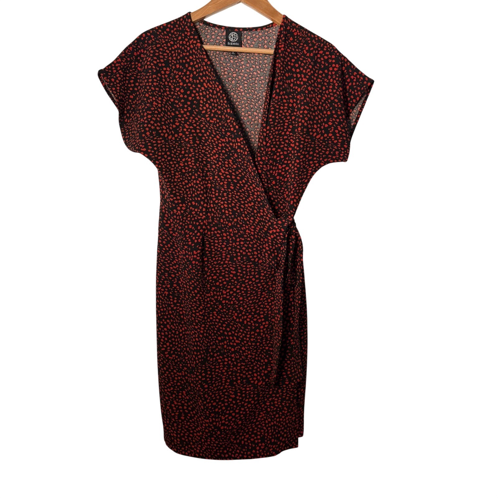Bobeau Red Black Animal Print Faux Wrap Dress V-Neck Short Sleeve Small