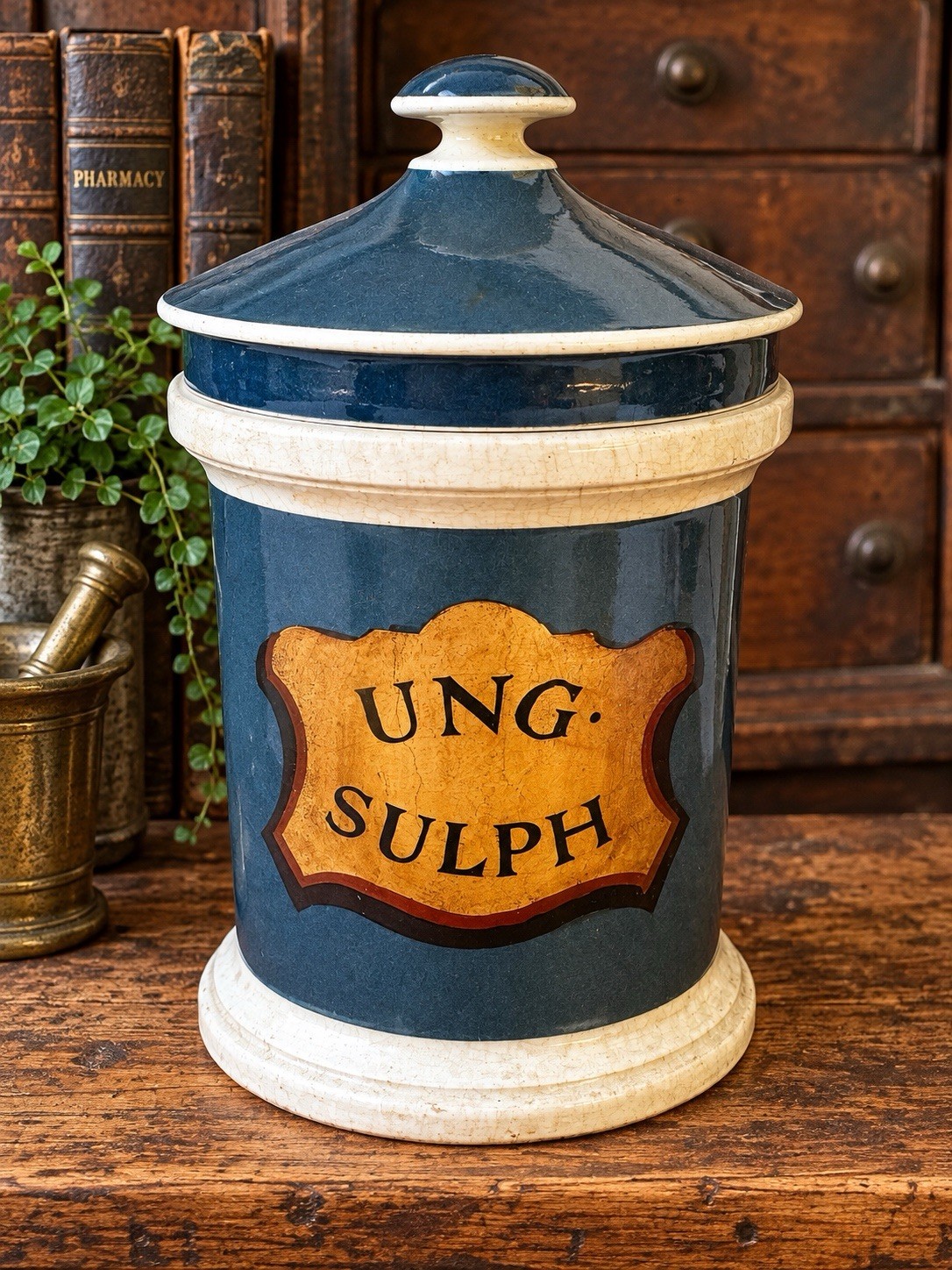 Antique Ceramic Apothecary Jar Ung Sulph Painted Label Pharmacy Drug Rare