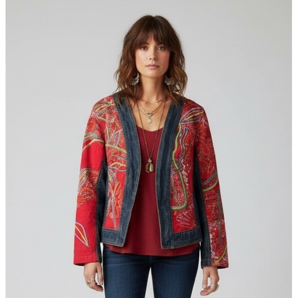Y2K Chico\'s Boho Embroidered Denim Jean Jacket Sz 0 S Open Front Red Multicolor