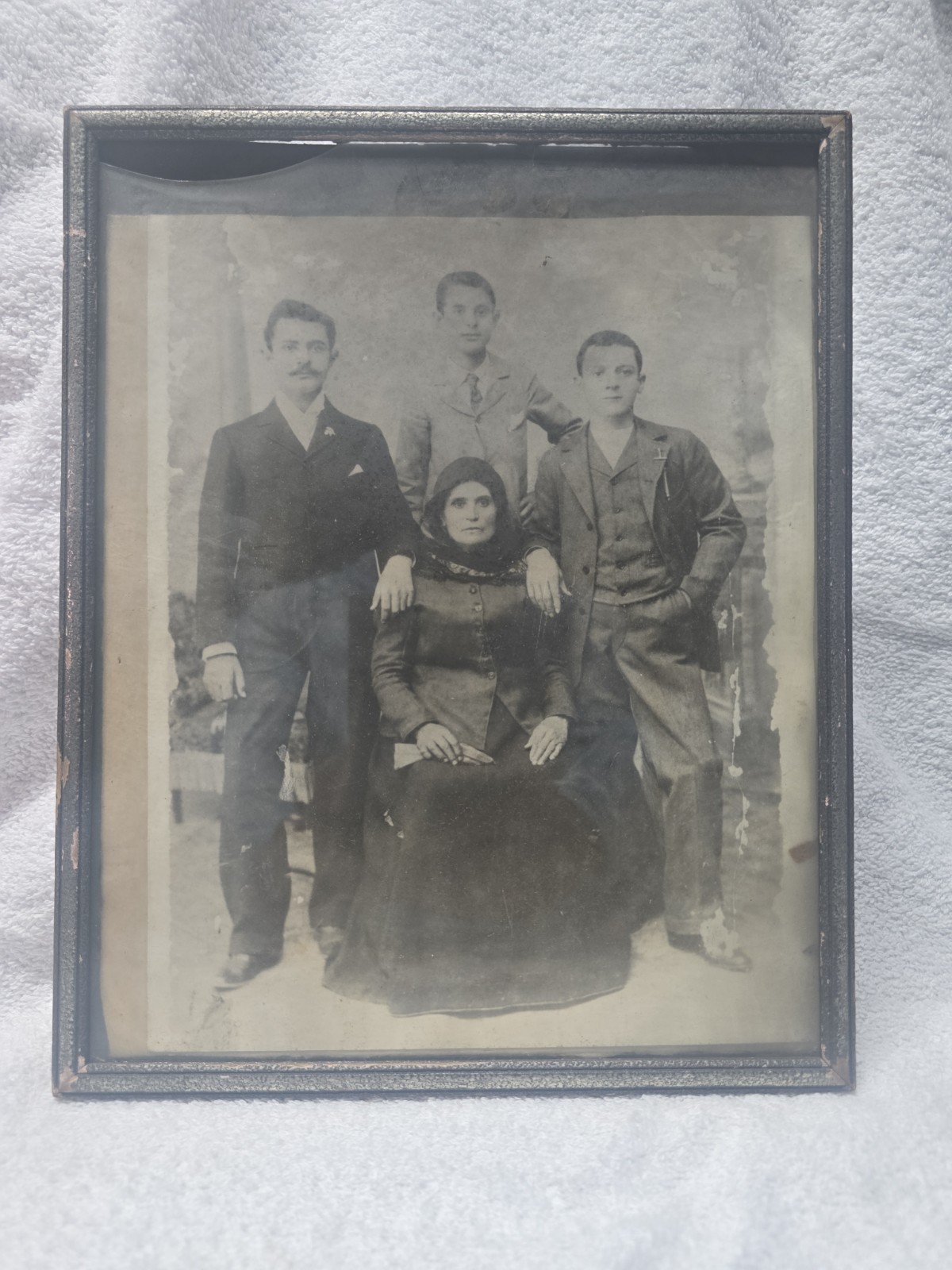 Early 20th Century Black & White Family Portrait Woman Sitting With Her 3 Sons